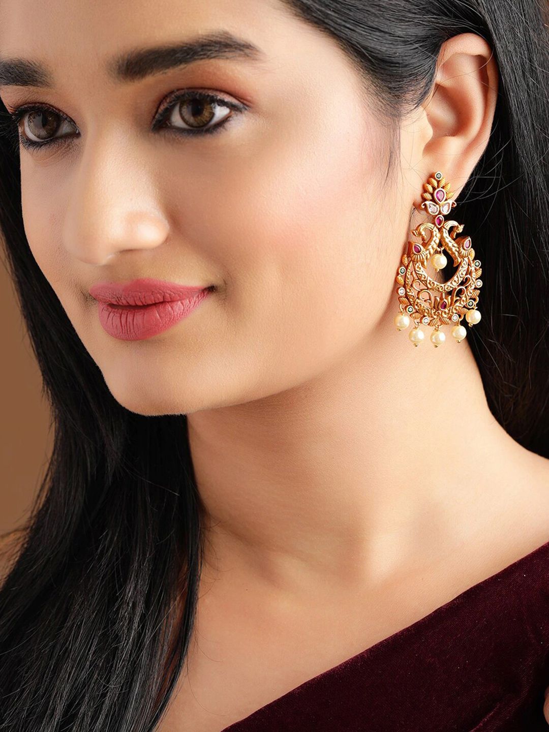 Rubans Gold-Toned & Red Peacock Shaped Drop Earrings Price in India