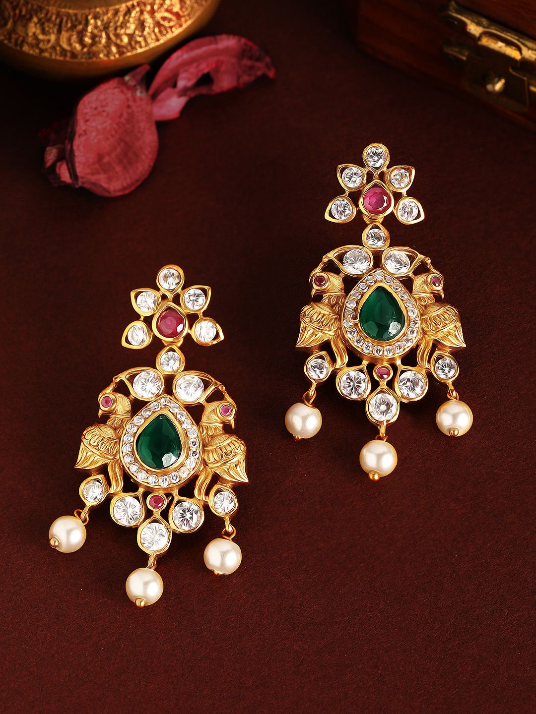 Rubans 22K Gold-Plated & Green Peacock Shaped Drop Earrings Price in India
