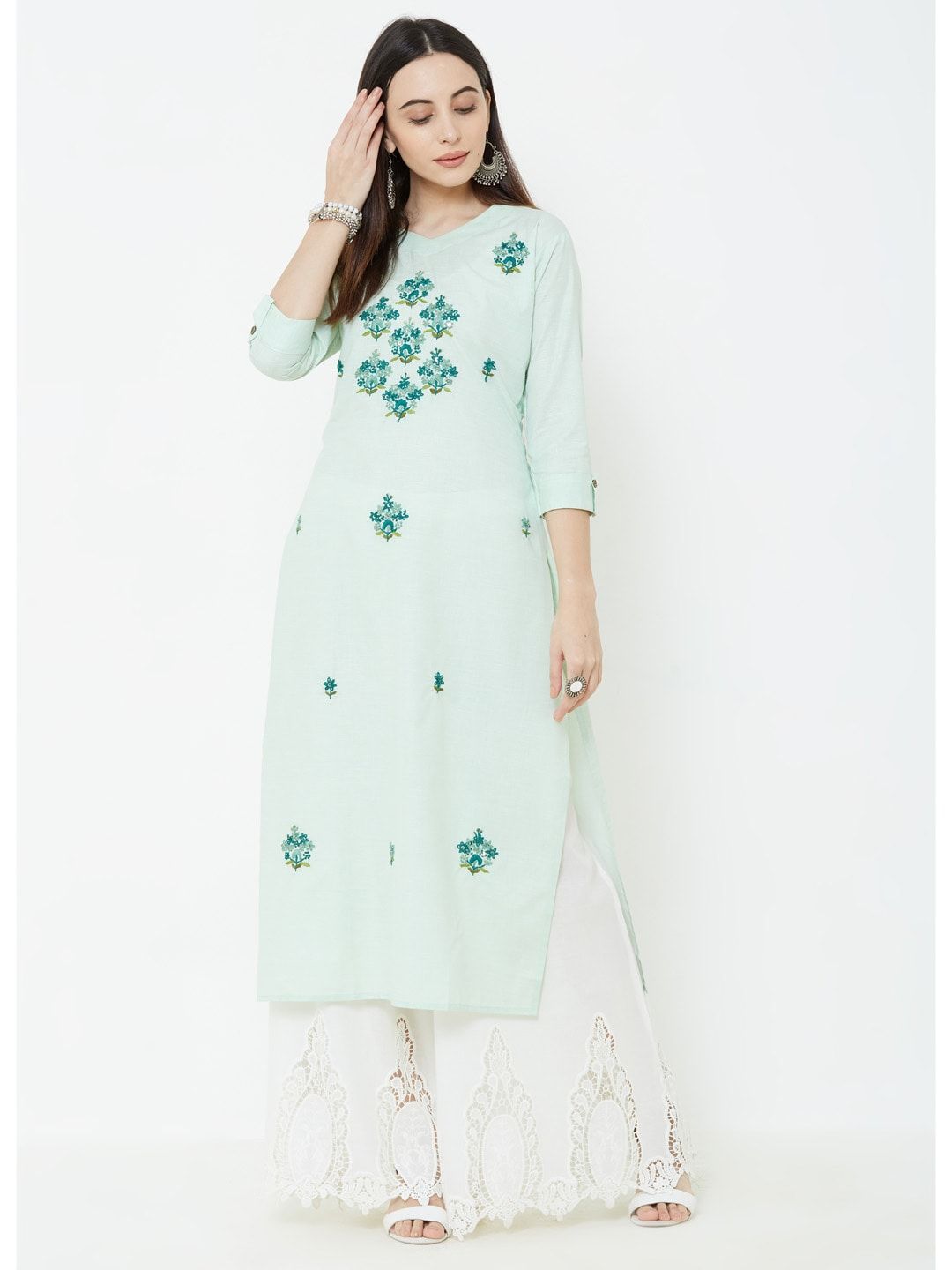 FASHOR Women Lime Green Embroidered Straight Kurta