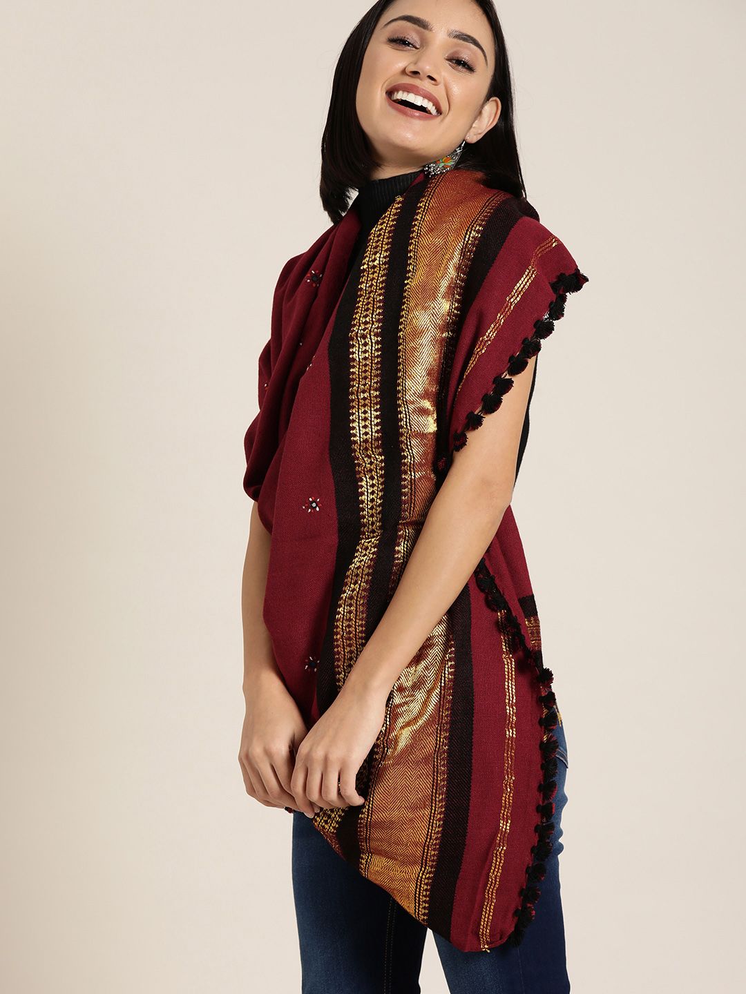 Taavi Women Brown & Black Embroidered Bhujodi Shawl With Zari Border Price in India