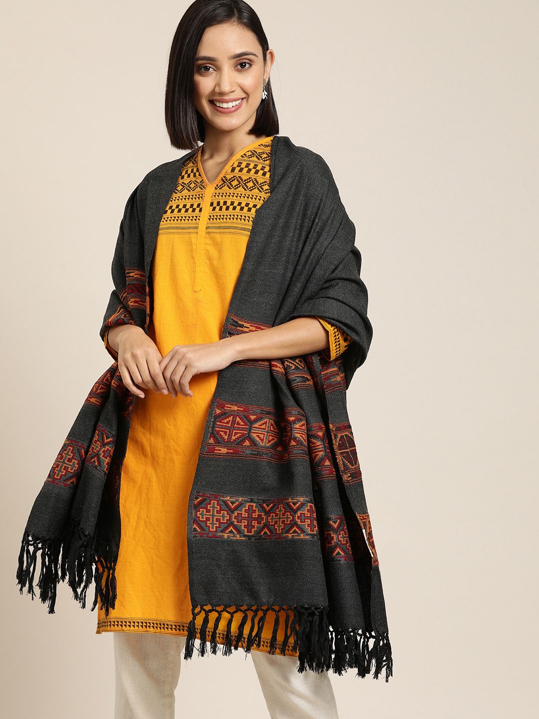 Taavi Women Charcoal Grey & Red Embroidered Bhujodi Shawl With Tassels