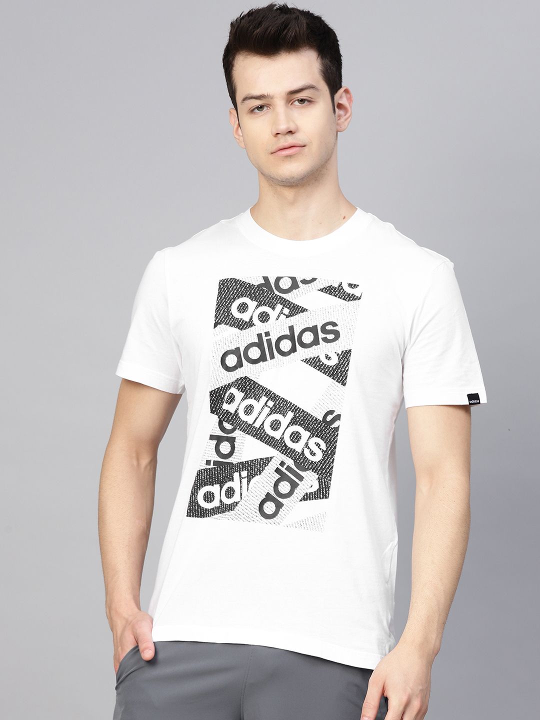 ADIDAS Men White & Black Brand Logo Laces Print Round Neck T-shirt