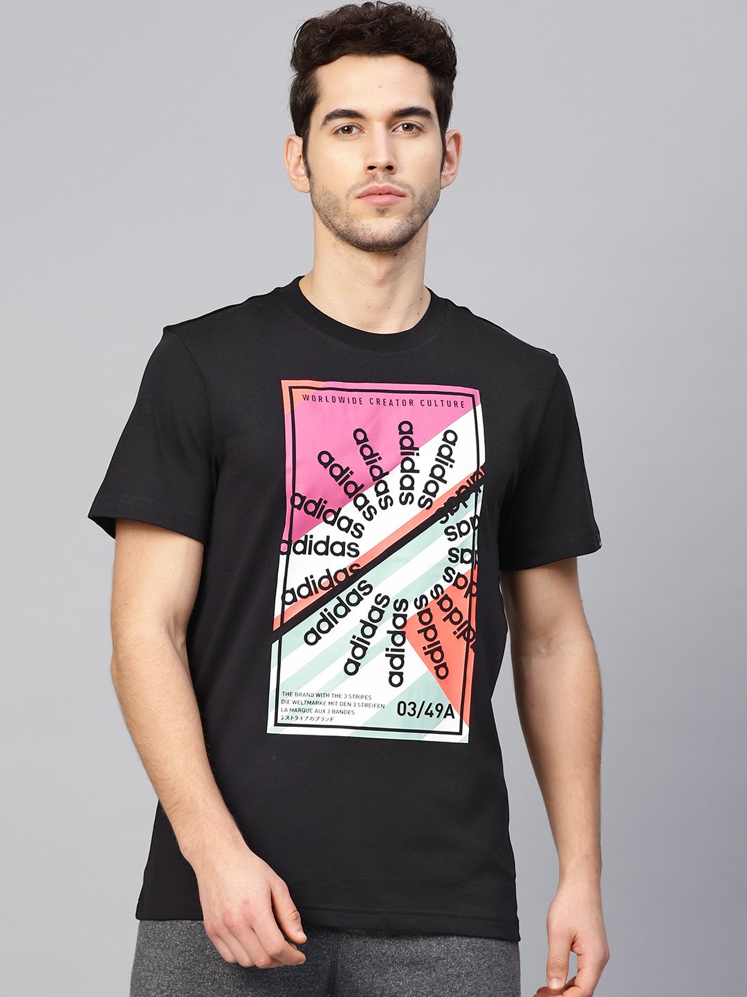 ADIDAS Men Black & Pink Brand Logo Print Creature Culture Round Neck Training T-shirt