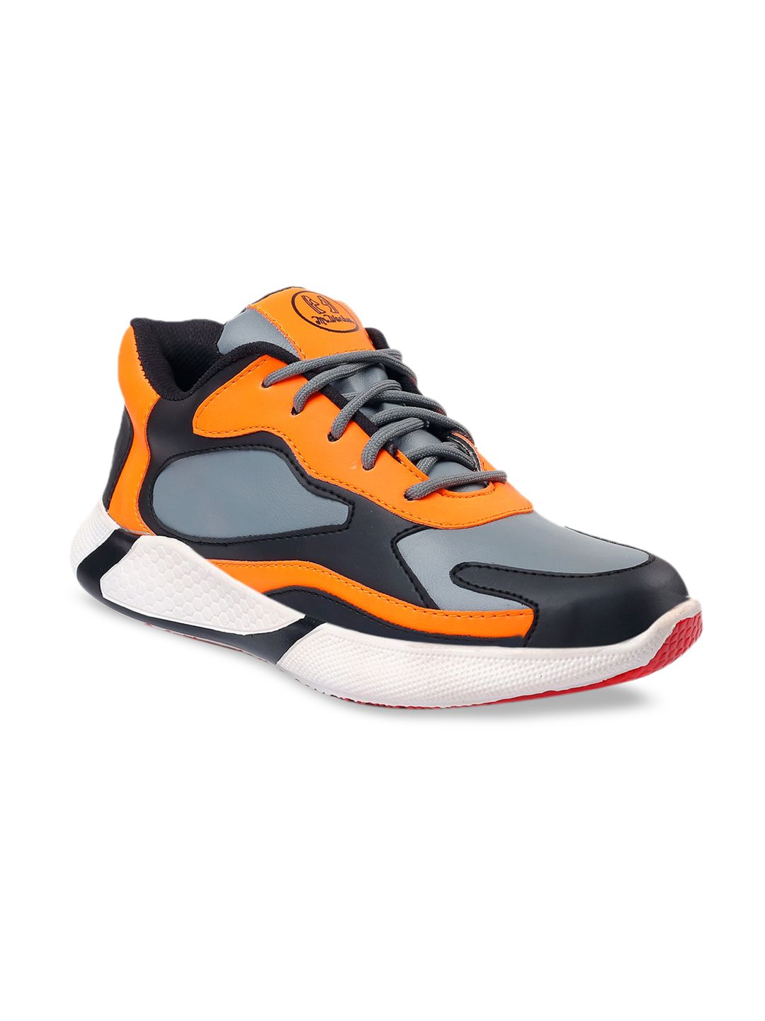 mr.wonker Men Orange & Grey Colourblocked Synthetic Mid-Top Sneakers