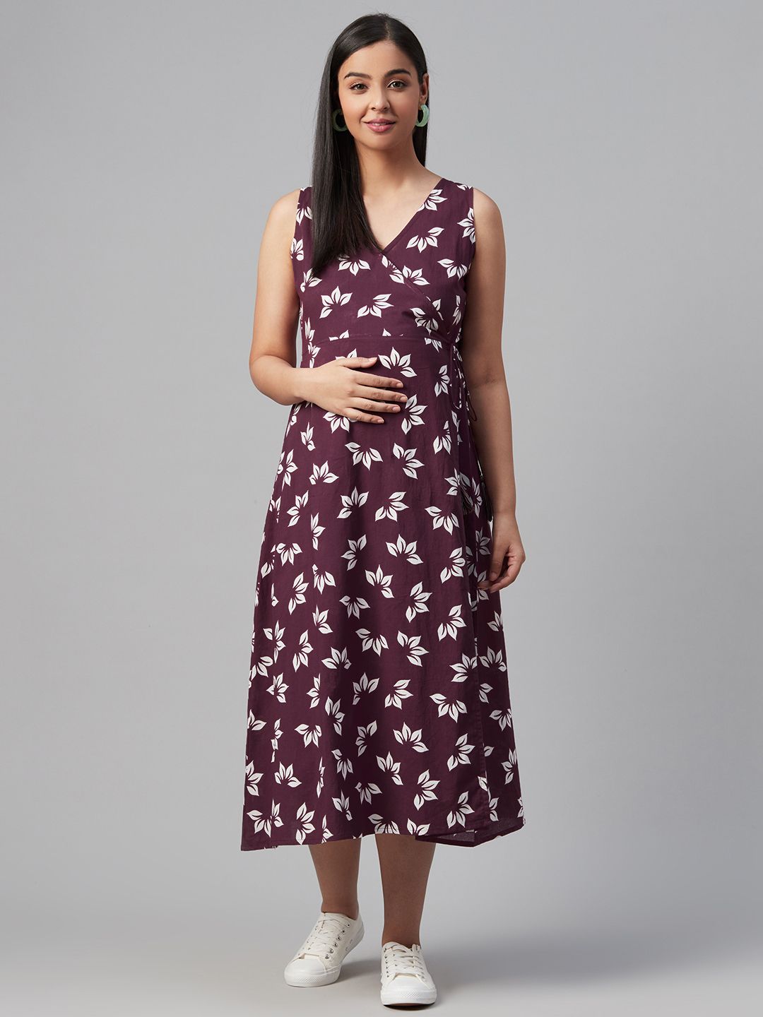 anayna Women Aubergine & White Tropical Print Maternity Wrap Dress