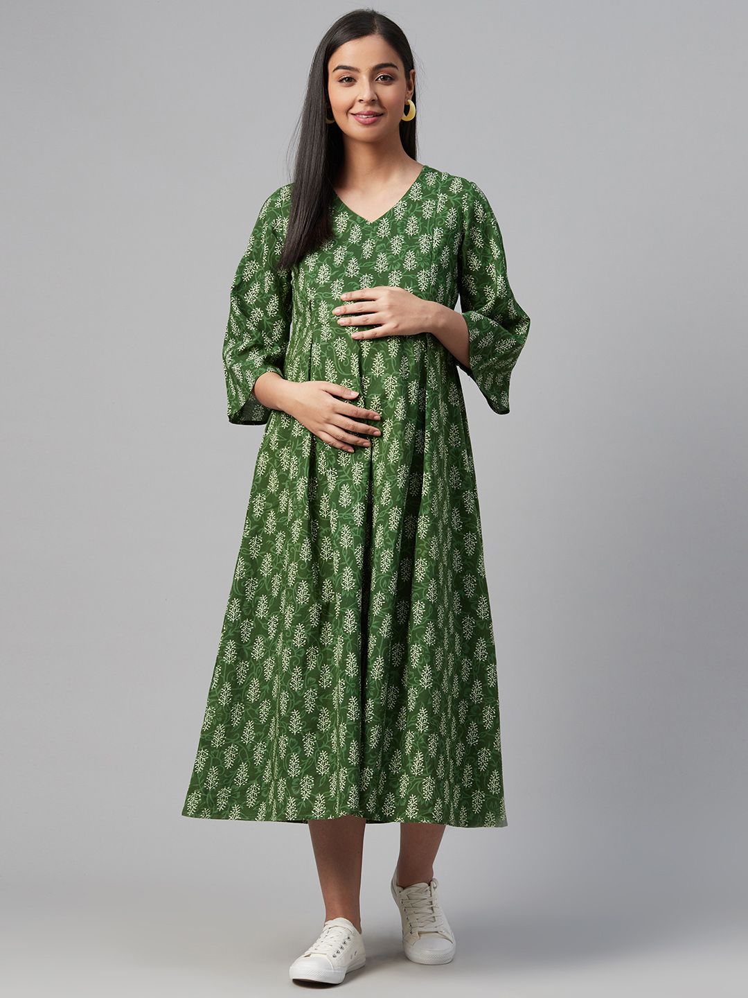 anayna Women Green & Off-White Printed Maternity A-Line Dress Price in India