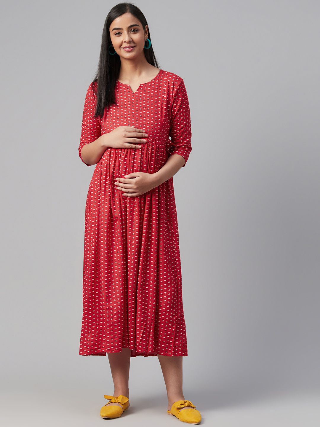 anayna Red & Off-White Ethnic Motifs Printed Maternity A-Line Dress Price in India