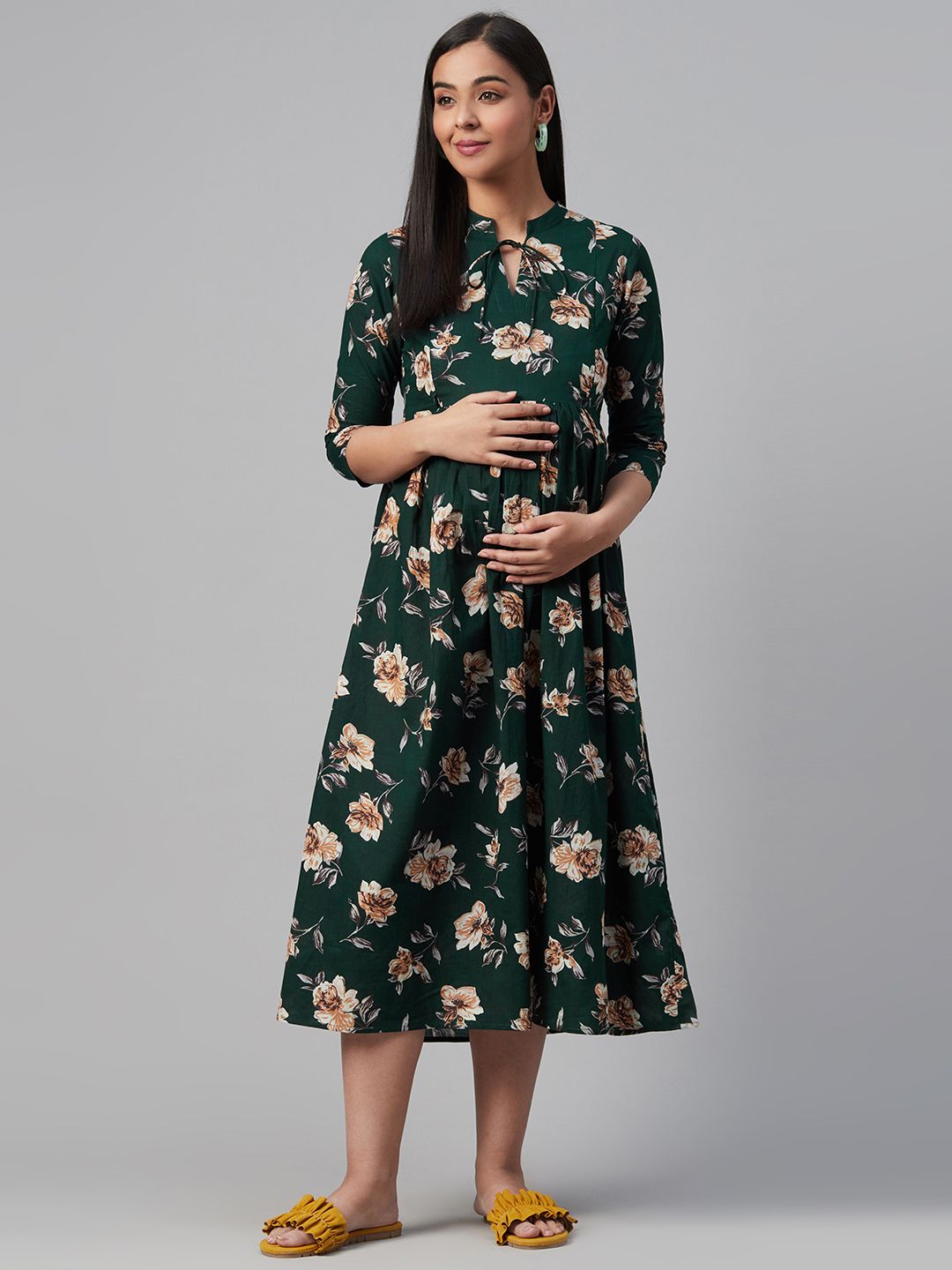 anayna Green & Beige Floral Print Cotton Maternity A-Line Dress Price in India