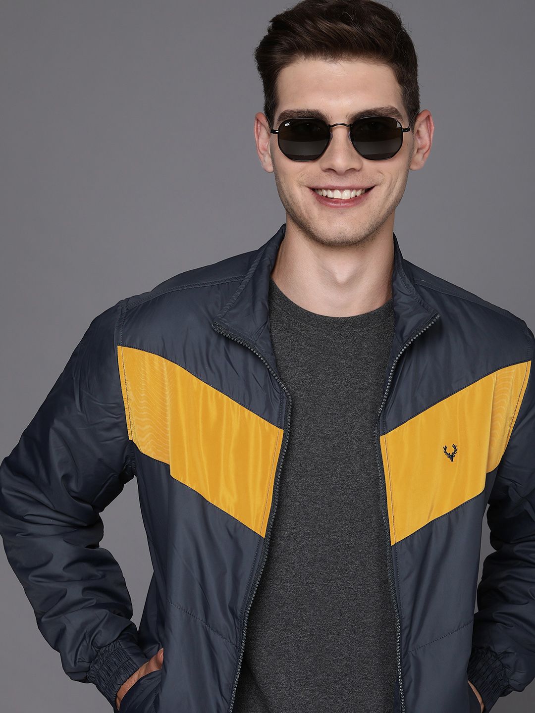 Buy Allen Solly Men Navy Blue & Mustard Yellow Colourblocked