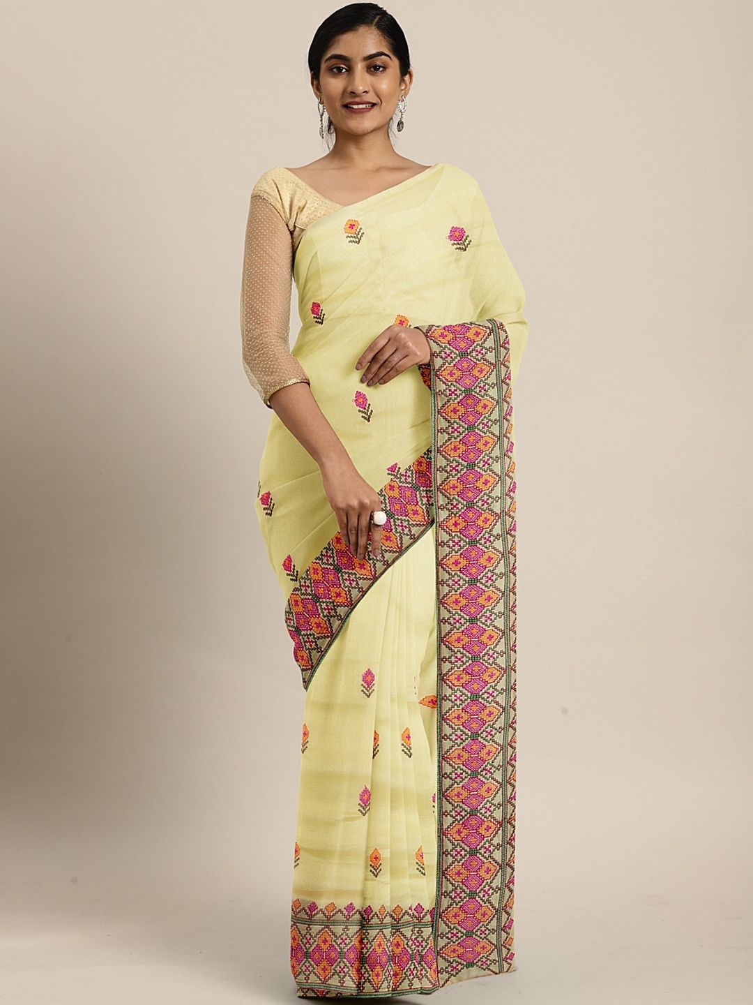 KALINI Cream-Coloured & Pink Pure Georgette Embroidered Saree
