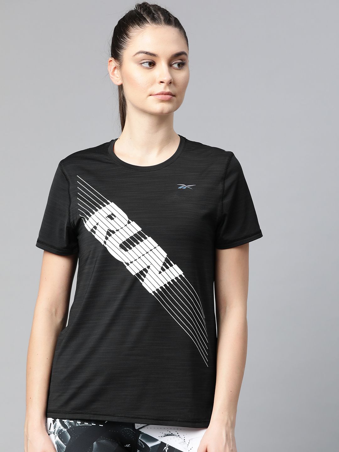 Reebok Women Black One Series SS Activchill Slim Fit Printed Running T-Shirt Price in India