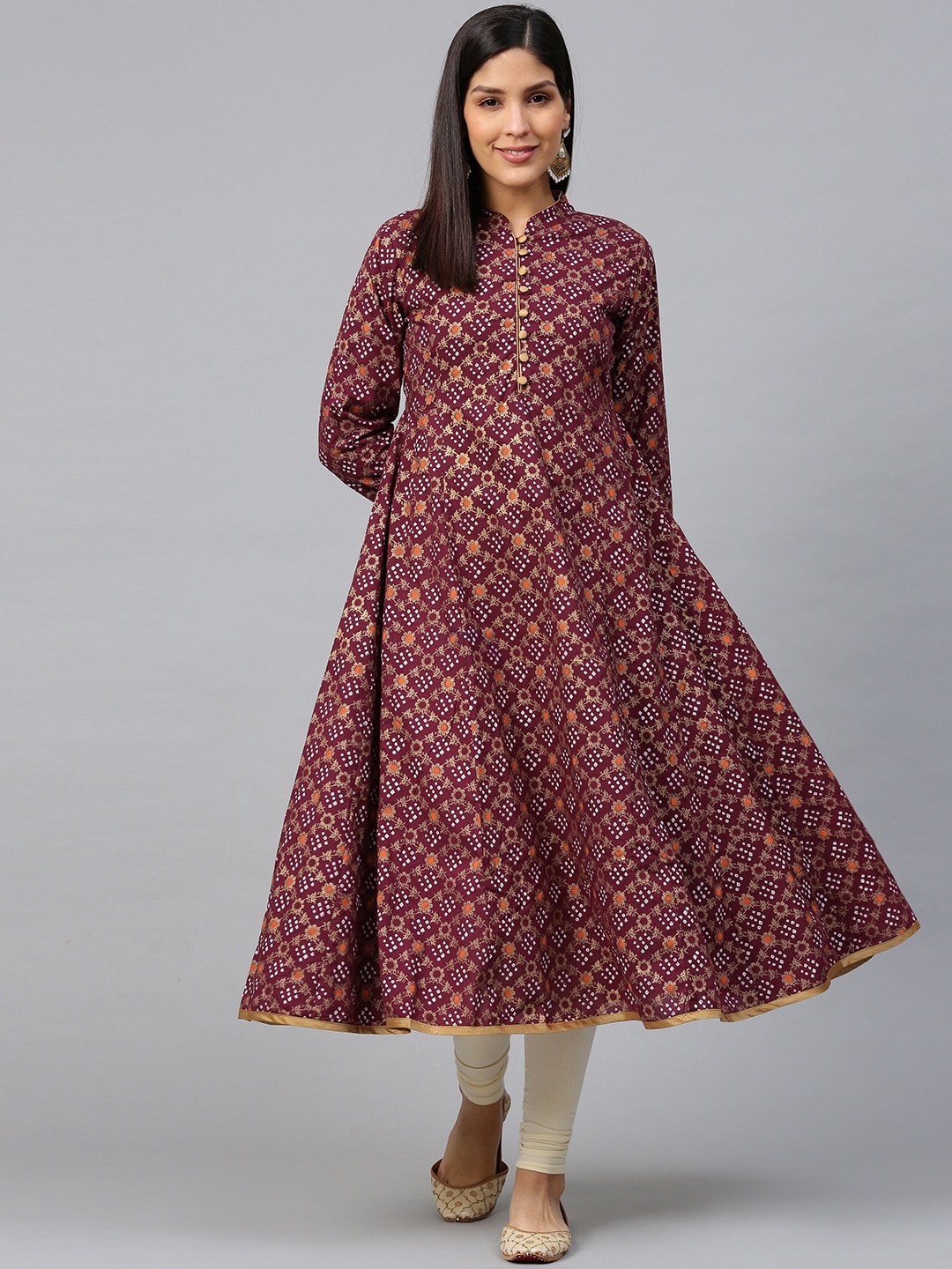 Bhama Couture Women Magenta & Golden Bandhani Printed Anarkali Kurta Price in India