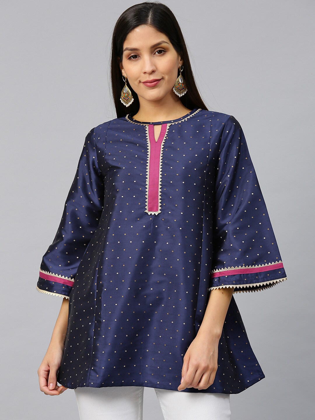 Bhama Couture Navy Blue & Golden Woven Design Silk A-Line Kurti Price in India
