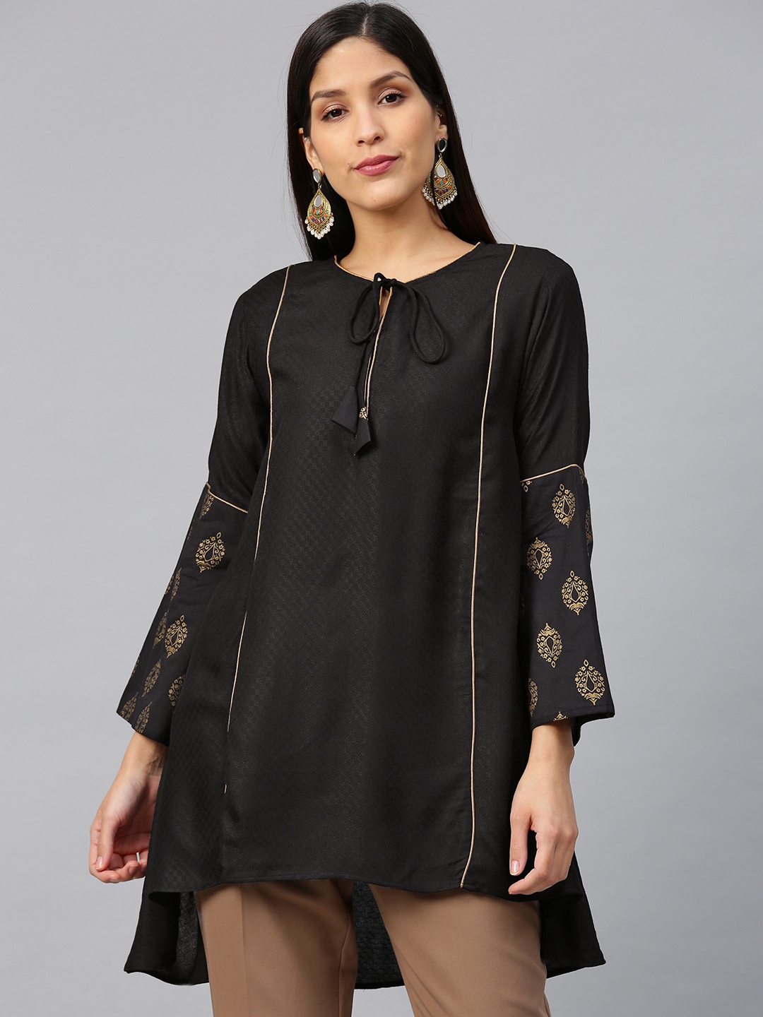 Bhama Couture Black Self-Design A-Line High-Low Pure Cotton Kurti Price in India