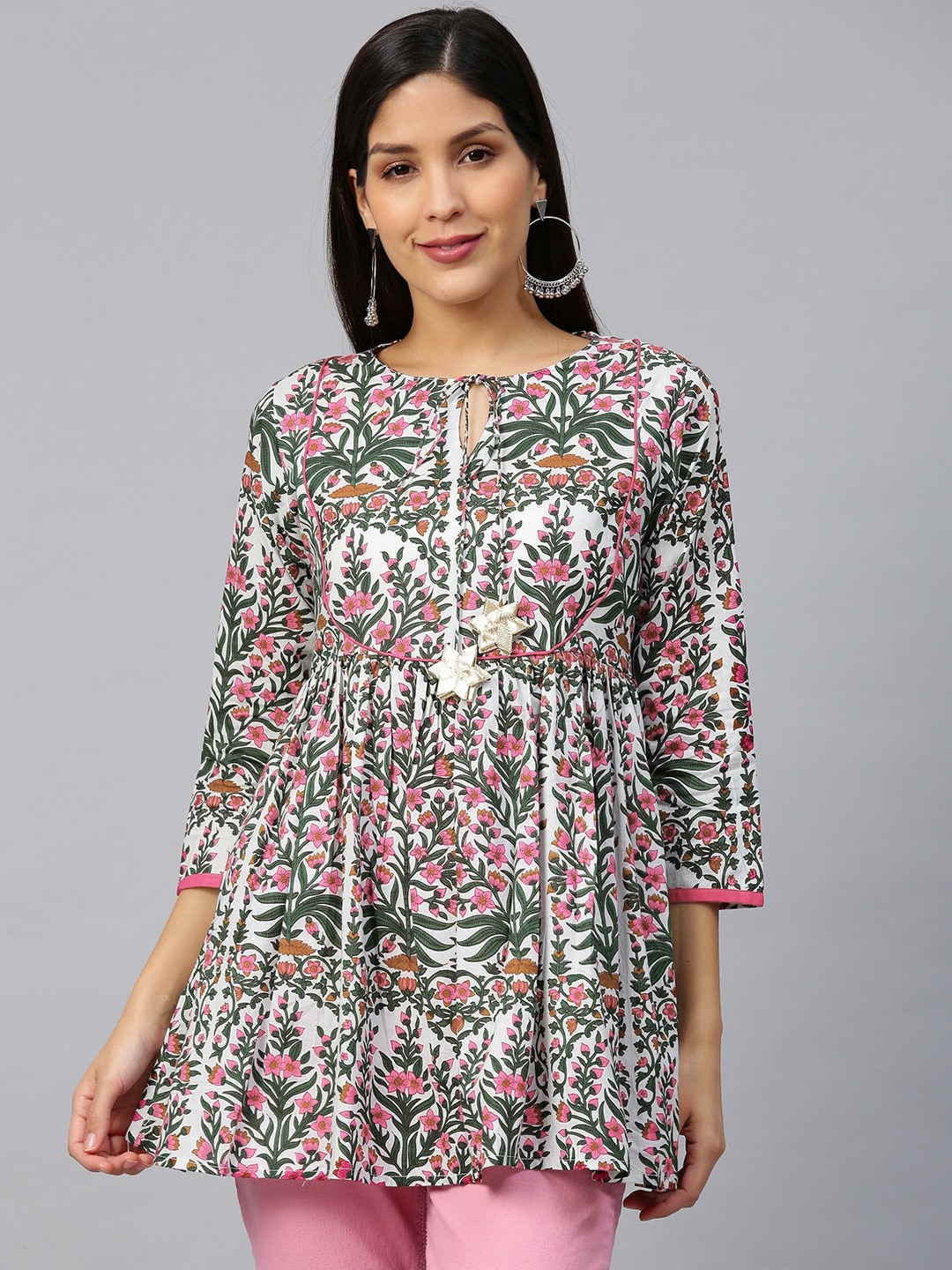 Bhama Couture White & Pink Printed Pure Cotton A-Line Empire Kurti Price in India