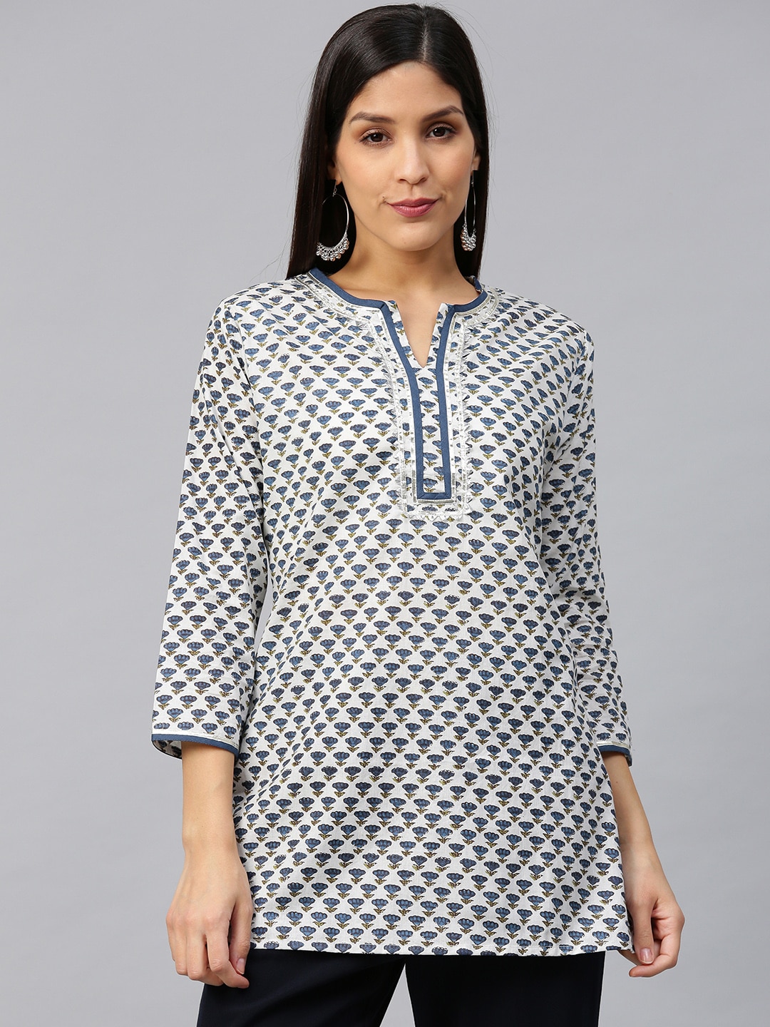 Bhama Couture Women White & Navy Blue Printed Pure Cotton Straight Kurti Price in India