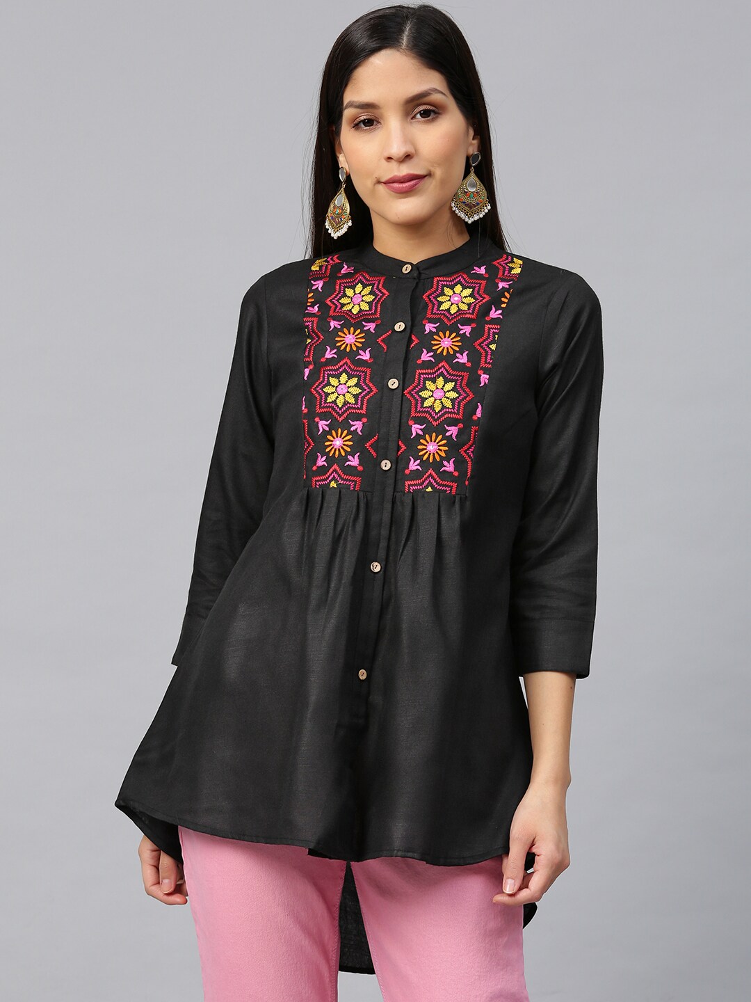 Bhama Couture Women Black & Pink Yoke Design Pure Cotton High-Low Kurti Price in India