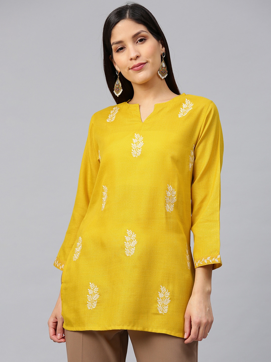 Bhama Couture Women Mustard Yellow & Off-White Embroidered Pure Cotton Straight Kurti Price in India
