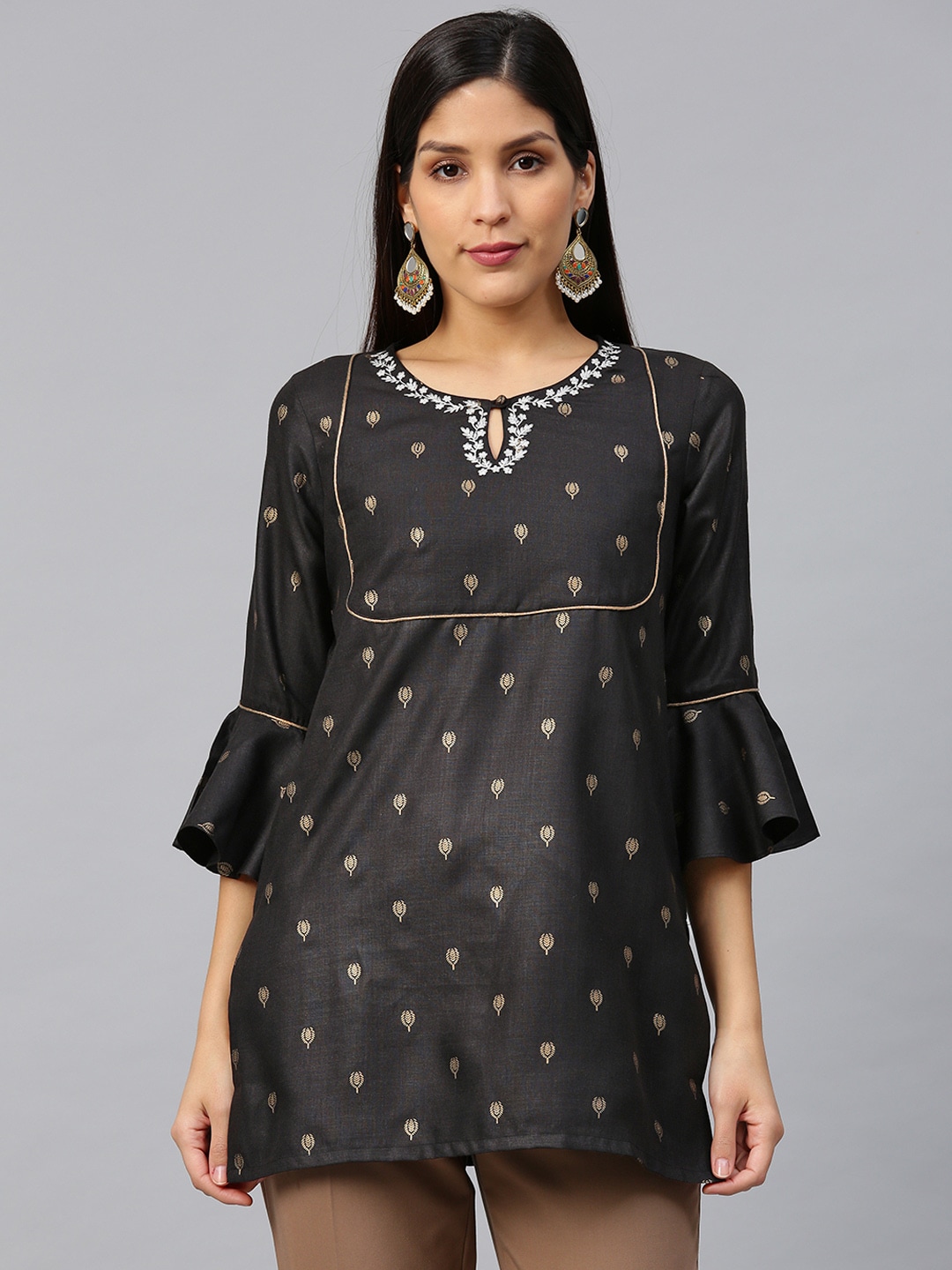 Bhama Couture Women Black & Golden Printed Pure Cotton Straight Kurti Price in India