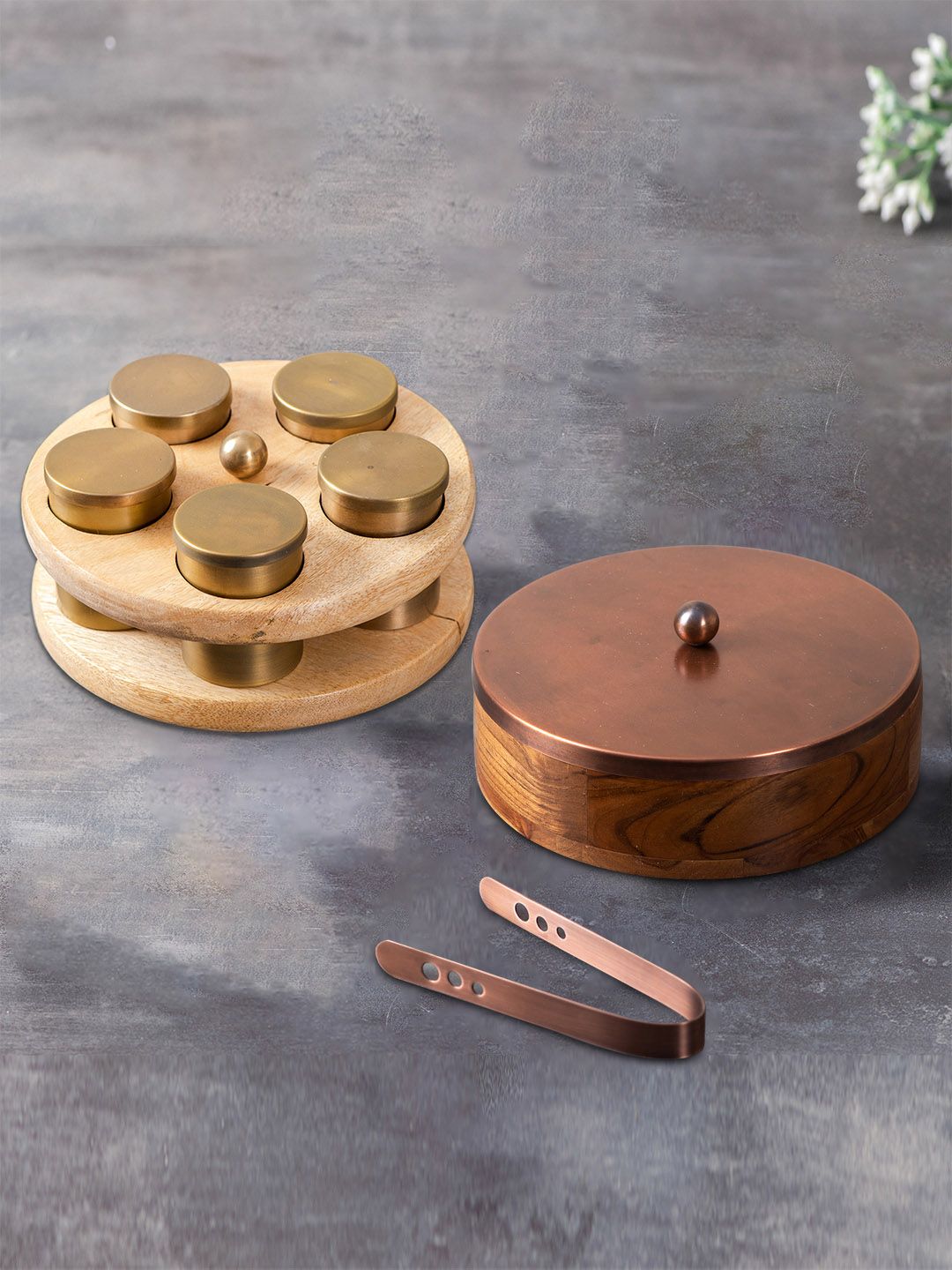 nestroots Brown Set of 2 Solid Wooden Spice Box & Chapati Box with Lid & Tongs Price in India