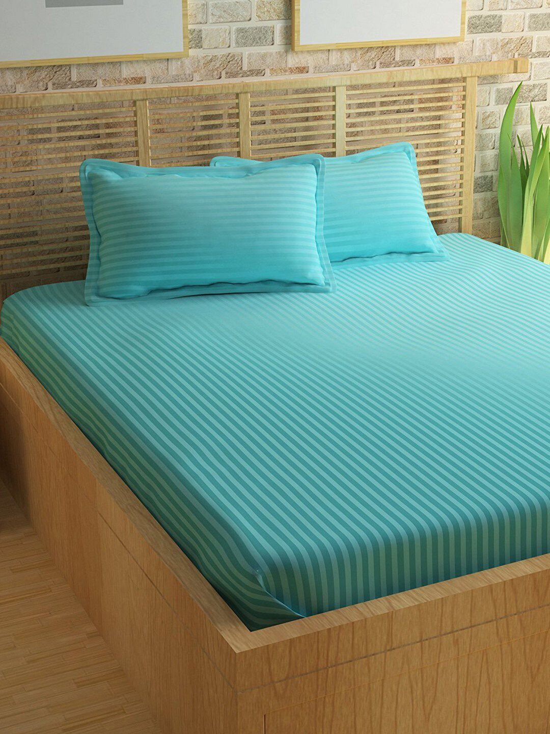 eCraftIndia Blue Striped 210 TC Cotton 1 King Bedsheet with 2 Pillow Covers Price in India