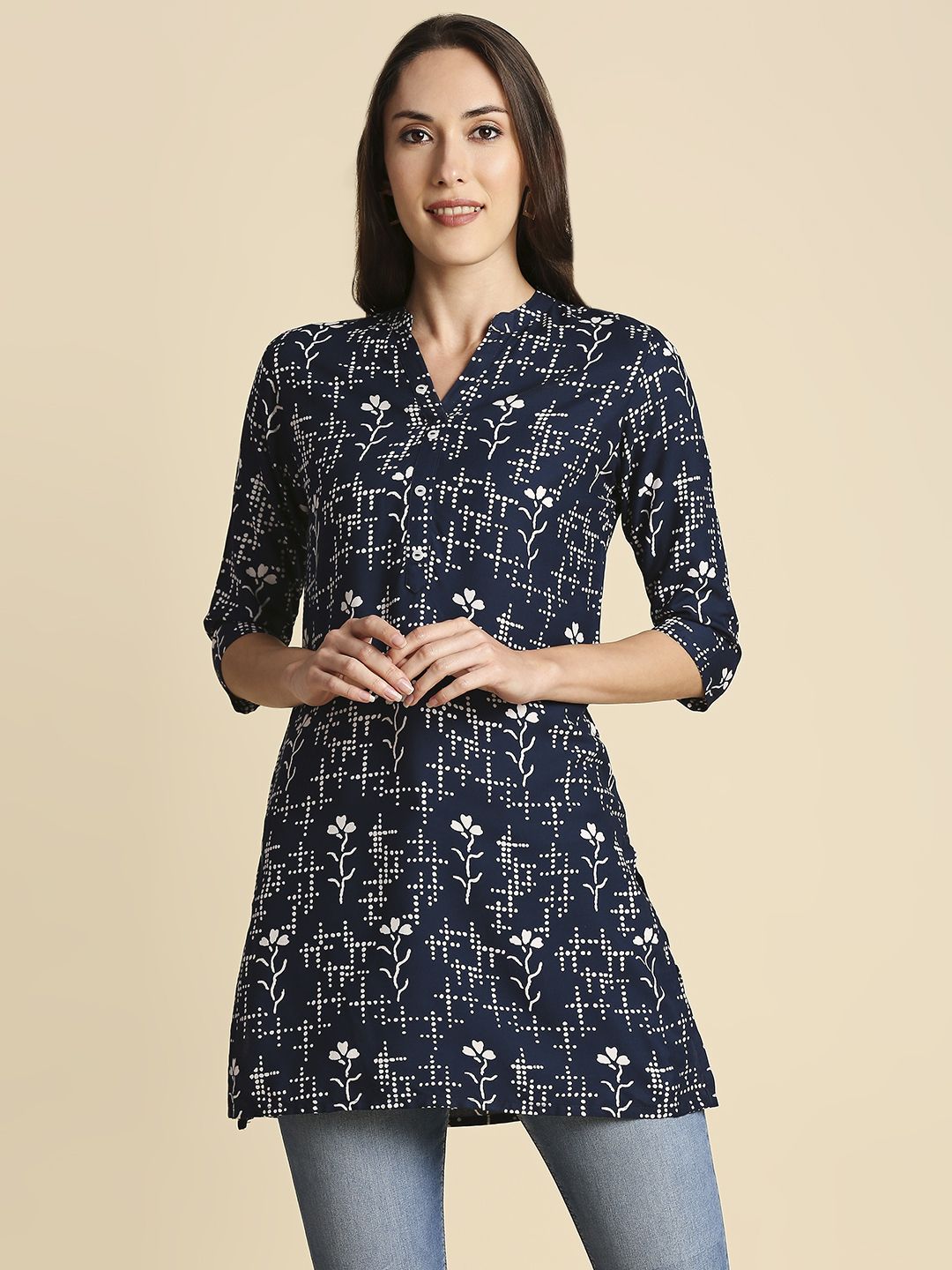 Anubhutee Women Navy & White Printed Straight Kurti Price in India