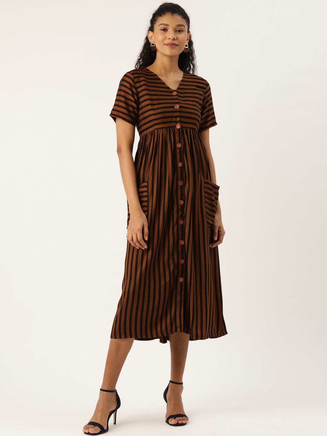 Cottinfab Women Brown & Black Striped A-Line Dress Price in India