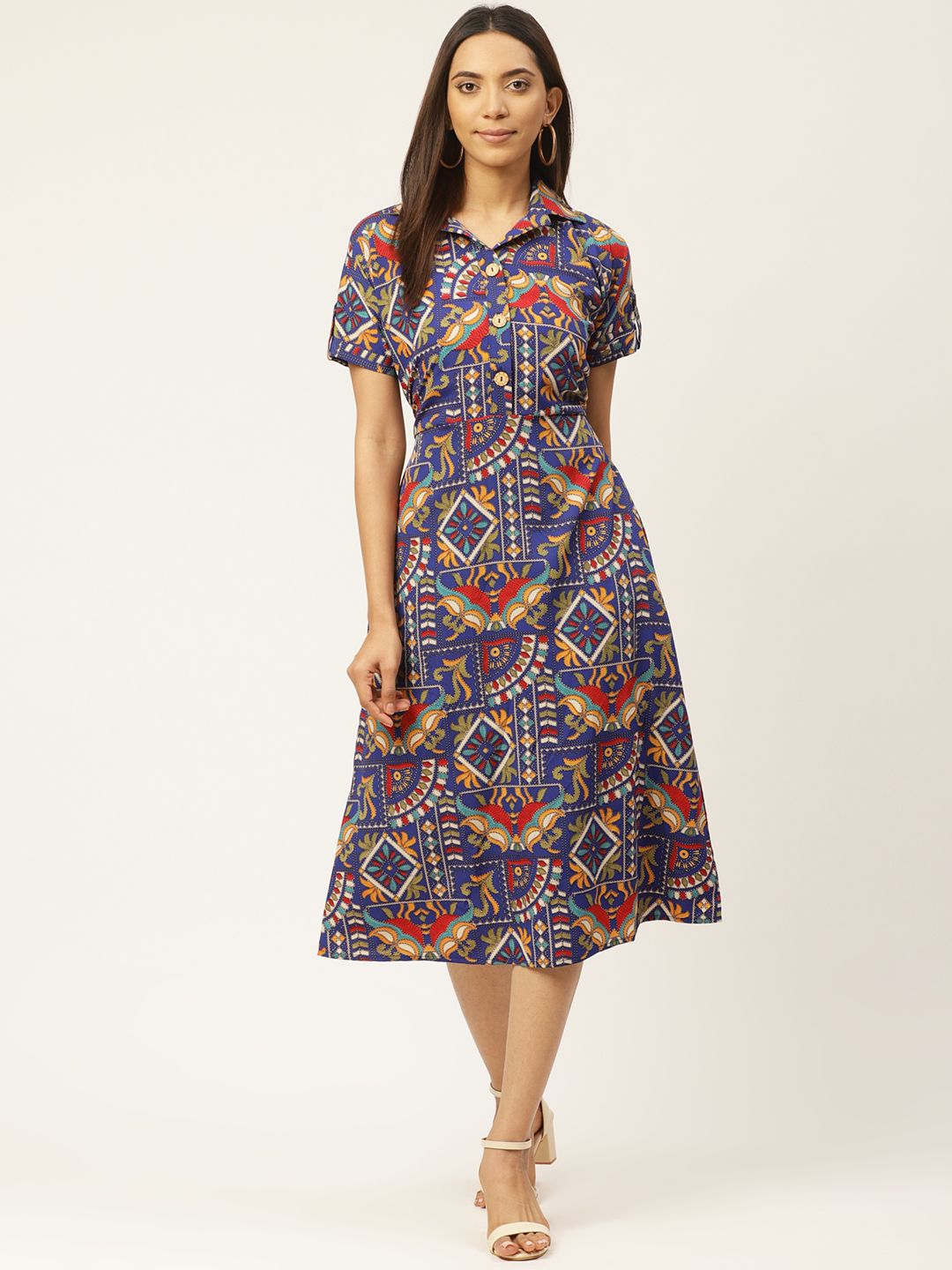 Cottinfab Women Blue & Yellow Printed Shirt Dress Price in India