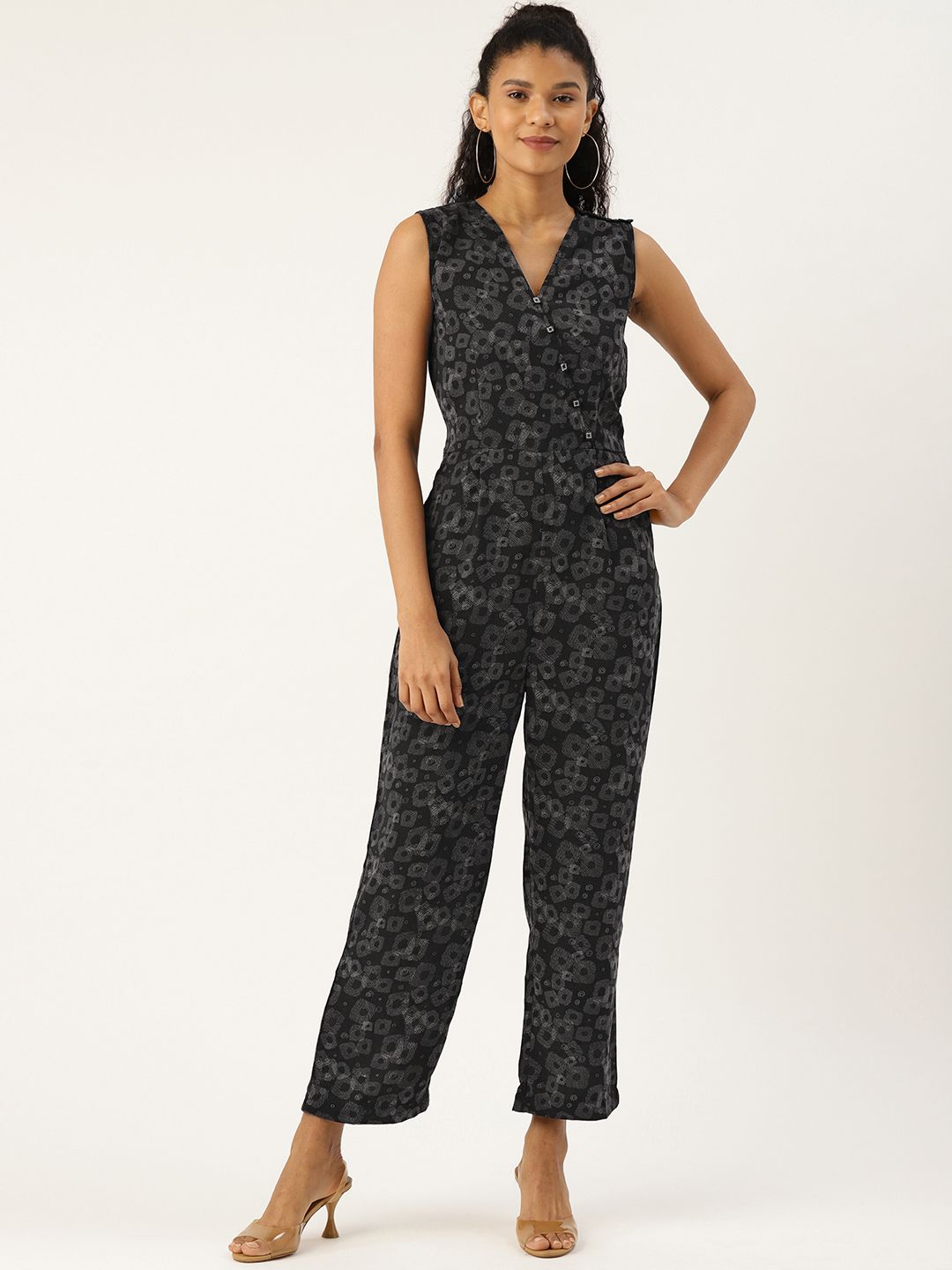 Cottinfab Women Black & Grey Geometric Printed Basic Jumpsuit Price in India