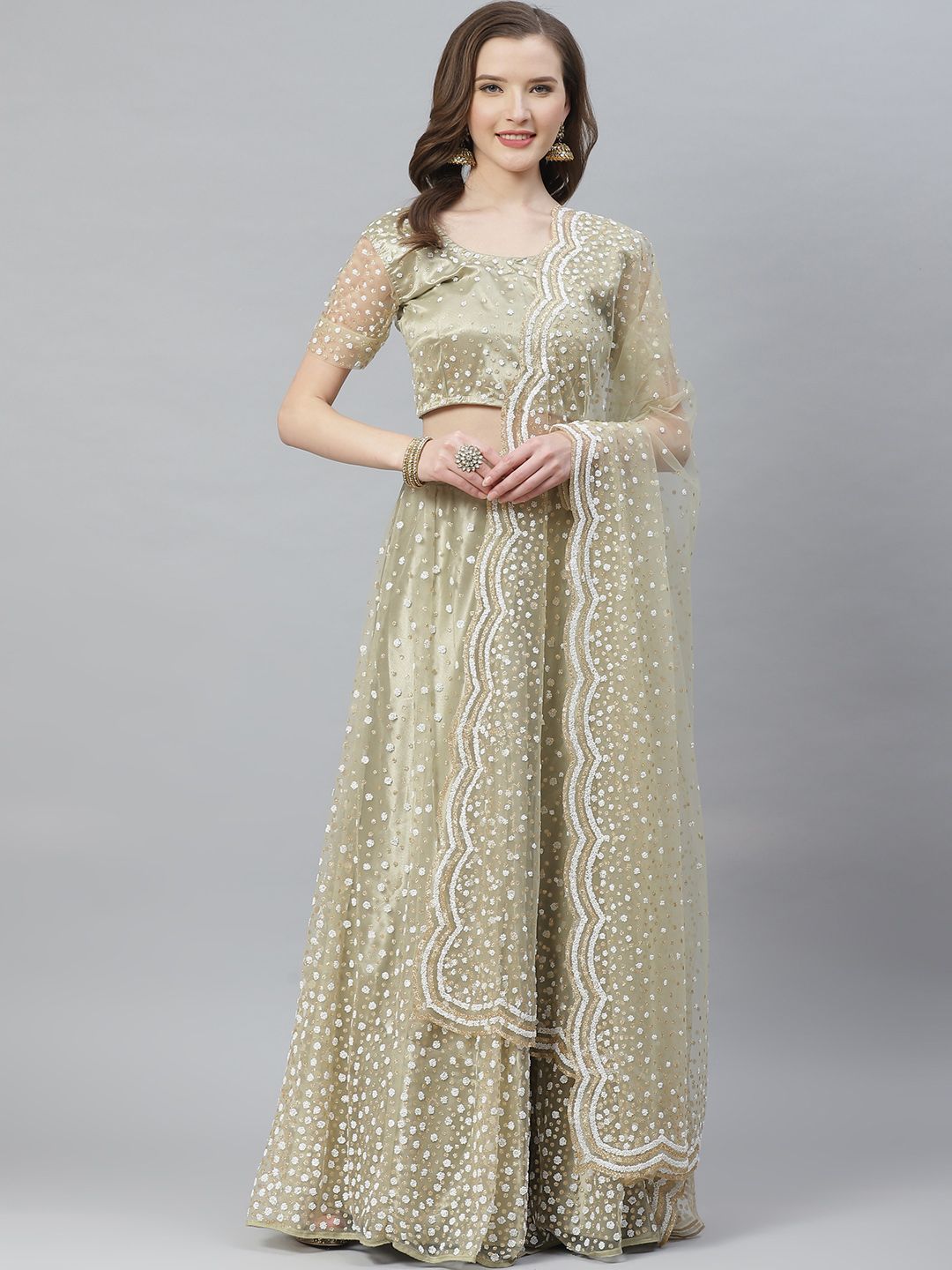 SHOPGARB Green & Golden Embellished Semi-Stitched Lehenga & Unstitched Blouse with Dupatta