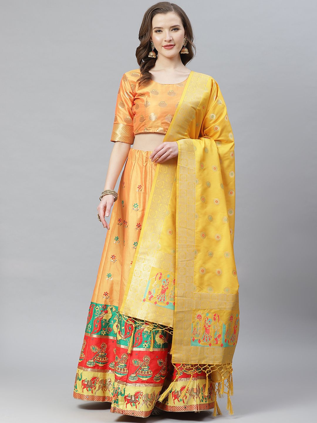 SHOPGARB Yellow Woven Design Semi-Stitched Lehenga & Unstitched Blouse with Dupatta