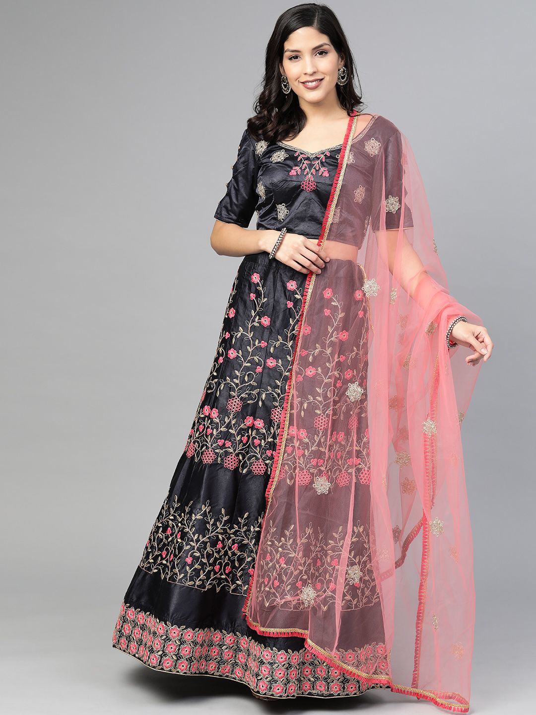 SHOPGARB Navy Blue & Pink Embroidered Semi-Stitched Lehenga & Unstitched Blouse with Dupatta Price in India