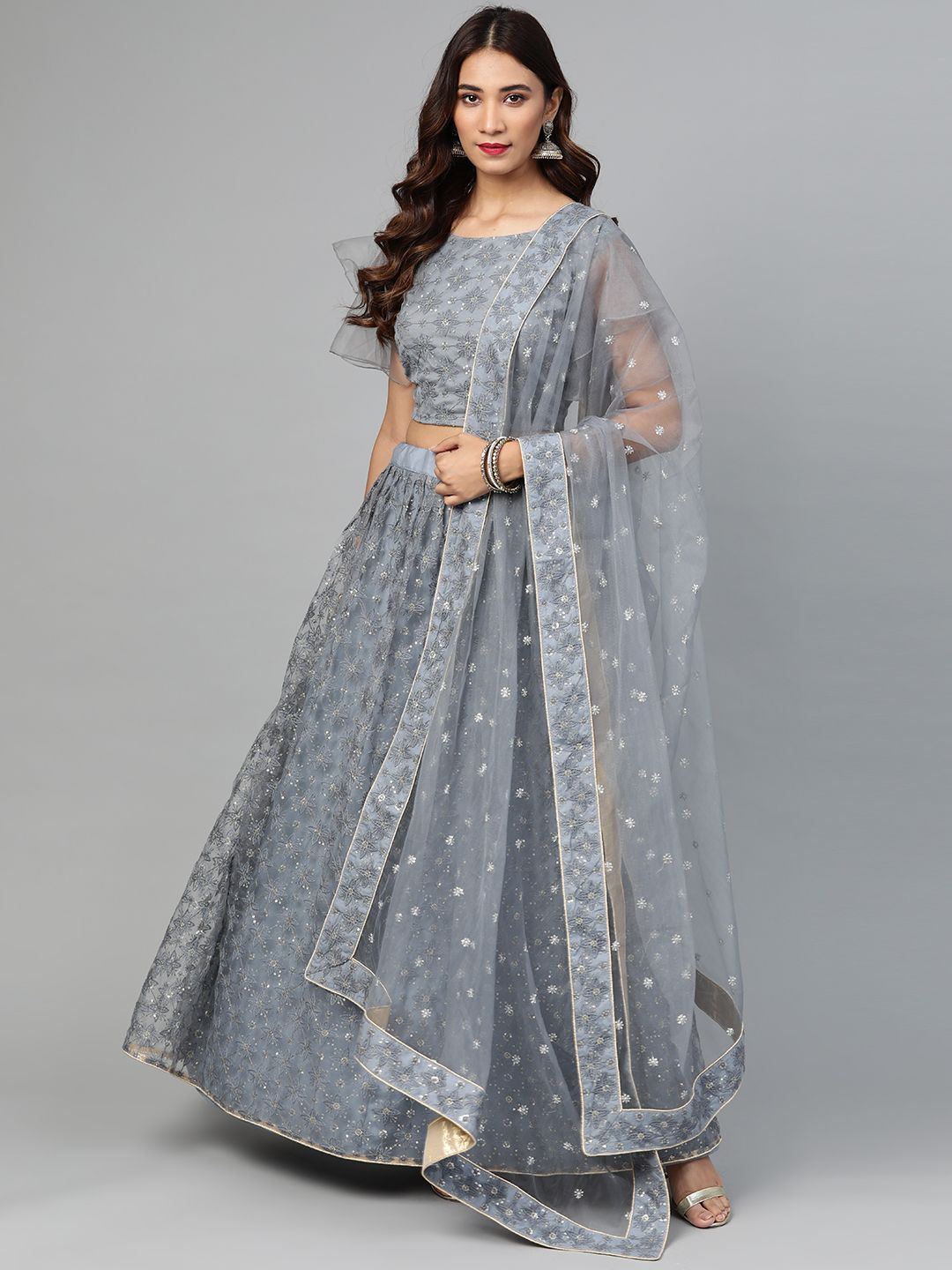 SHOPGARB Grey & Silver Embroidered Semi-Stitched Lehenga & Unstitched Blouse with Dupatta Price in India