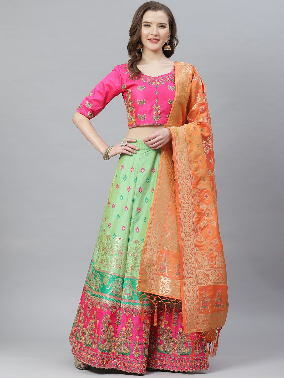 SHOPGARB Green & Pink Embroidered Semi-Stitched Lehenga & Unstitched Blouse with Dupatta