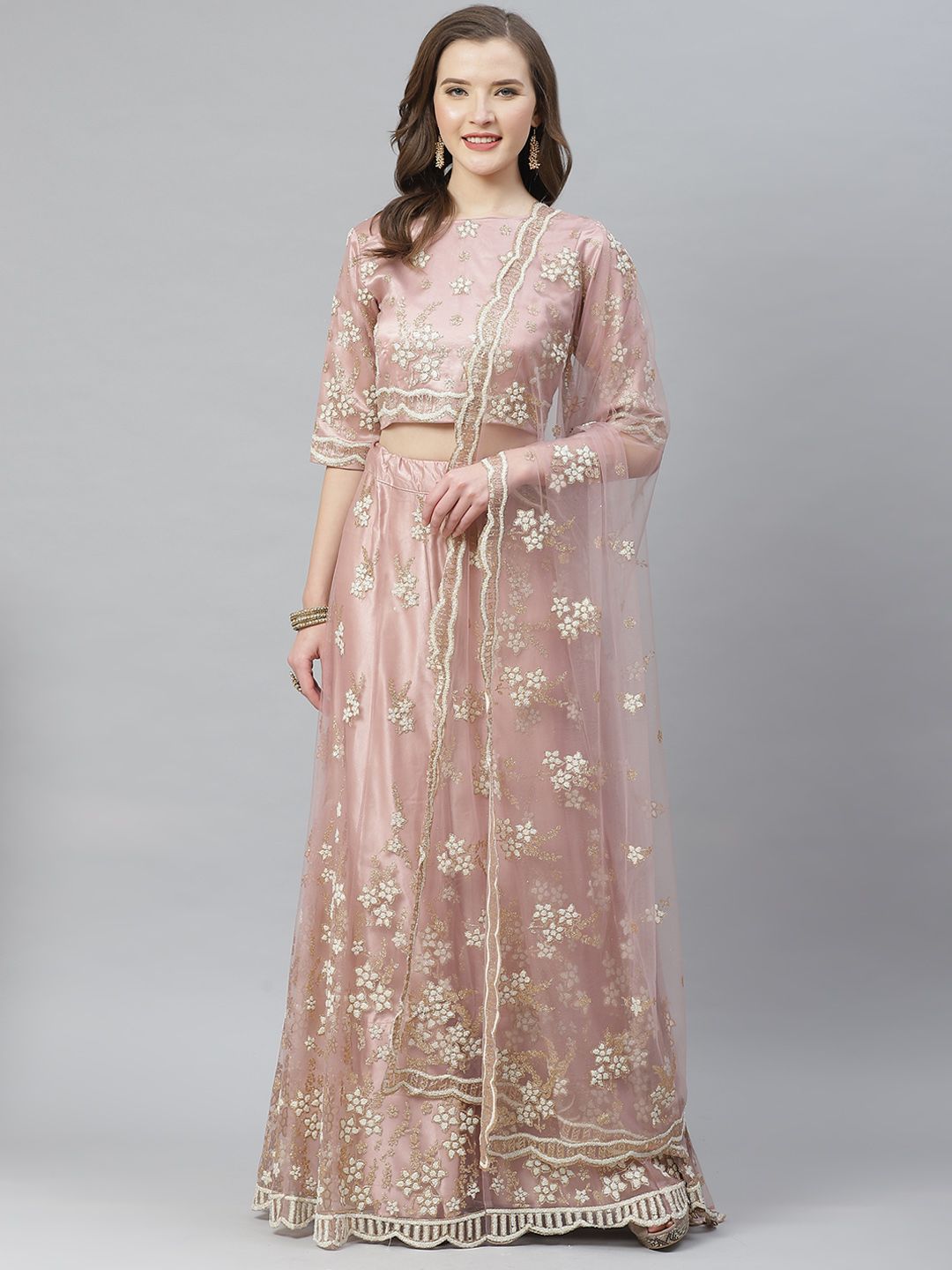 SHOPGARB Mauve & White Embellished Semi-Stitched Lehenga & Unstitched Blouse with Dupatta