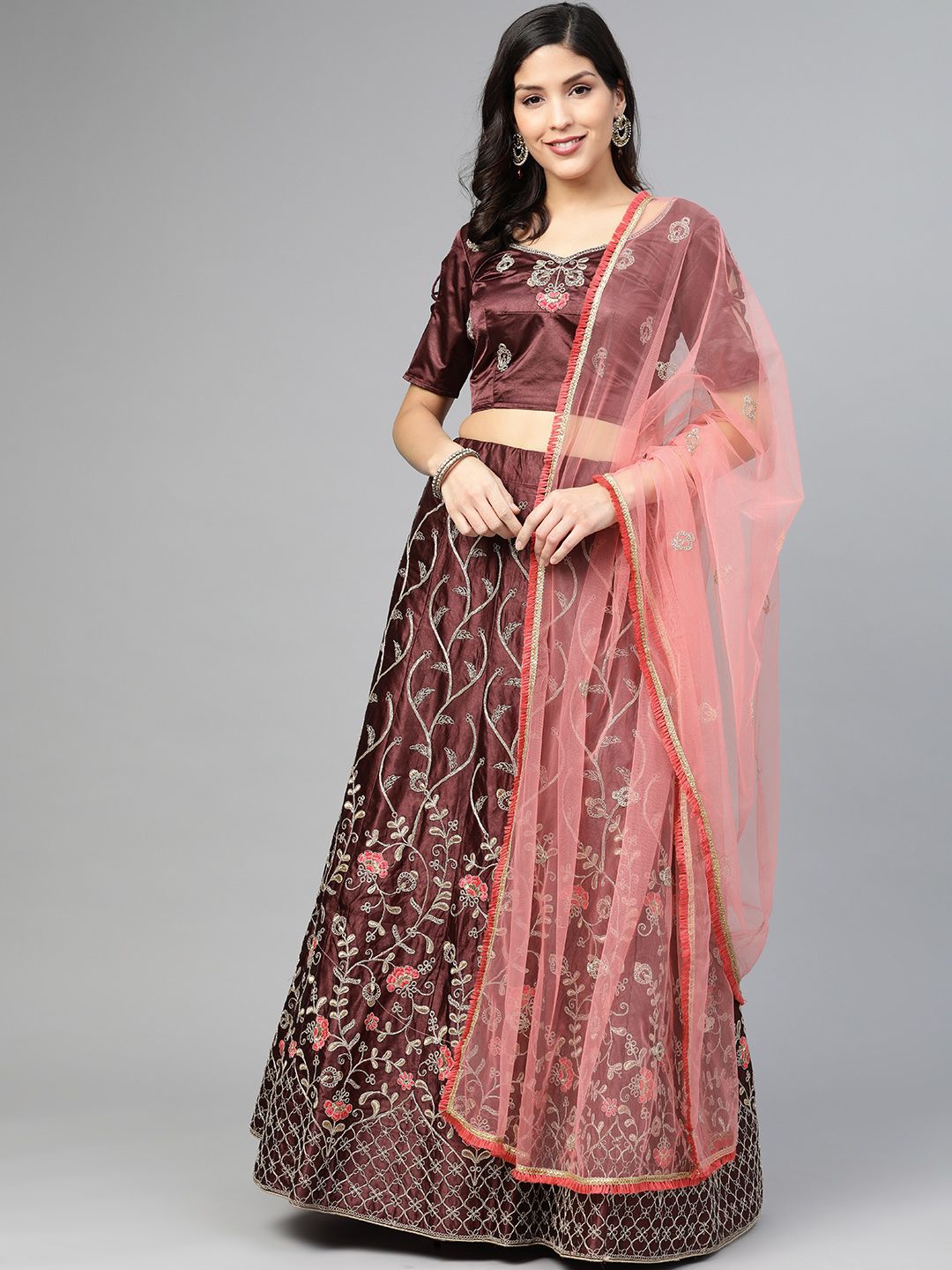 SHOPGARB Burgundy Embroidered Semi-Stitched Lehenga & Unstitched Blouse with Dupatta