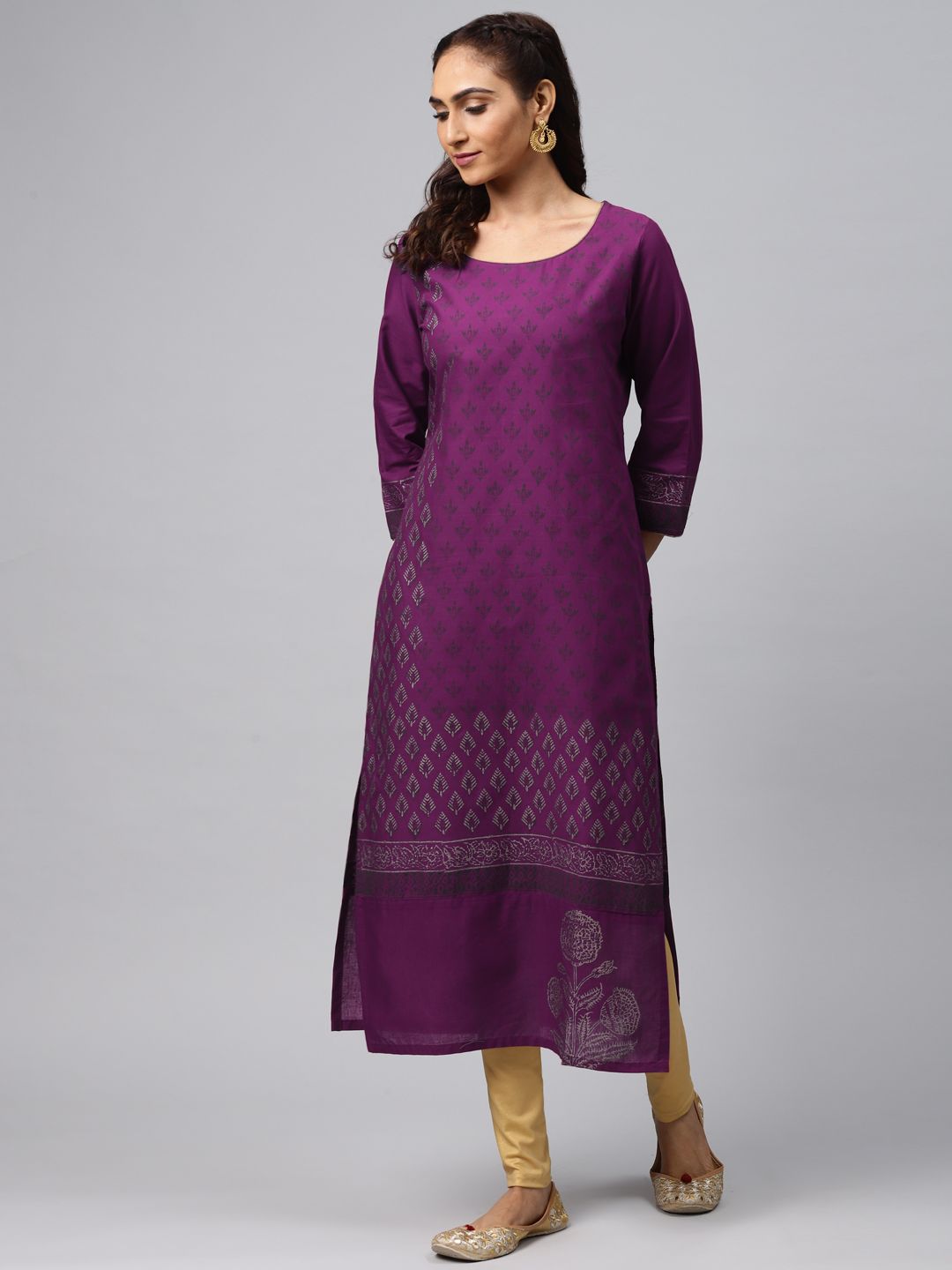 Akshatani Women Purple & Black Hand Block Print Straight Kurta Price in India