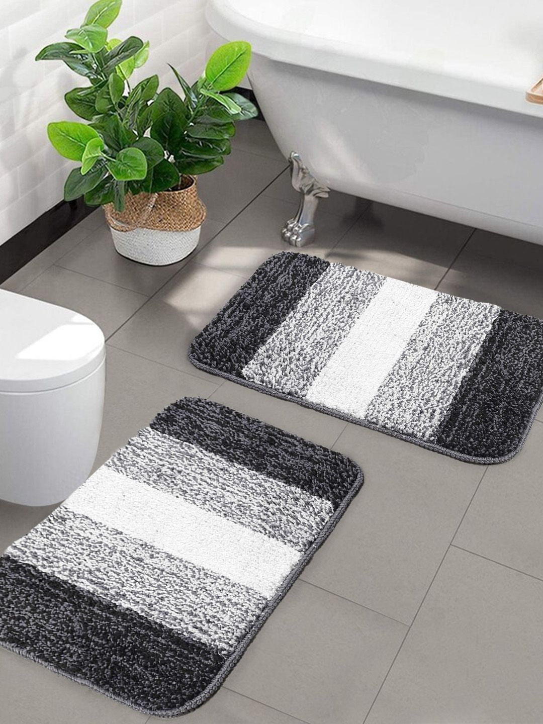 Saral Home Set of 2 Black & Grey Striped Water Absorbent Anti Skid Bath Rugs
