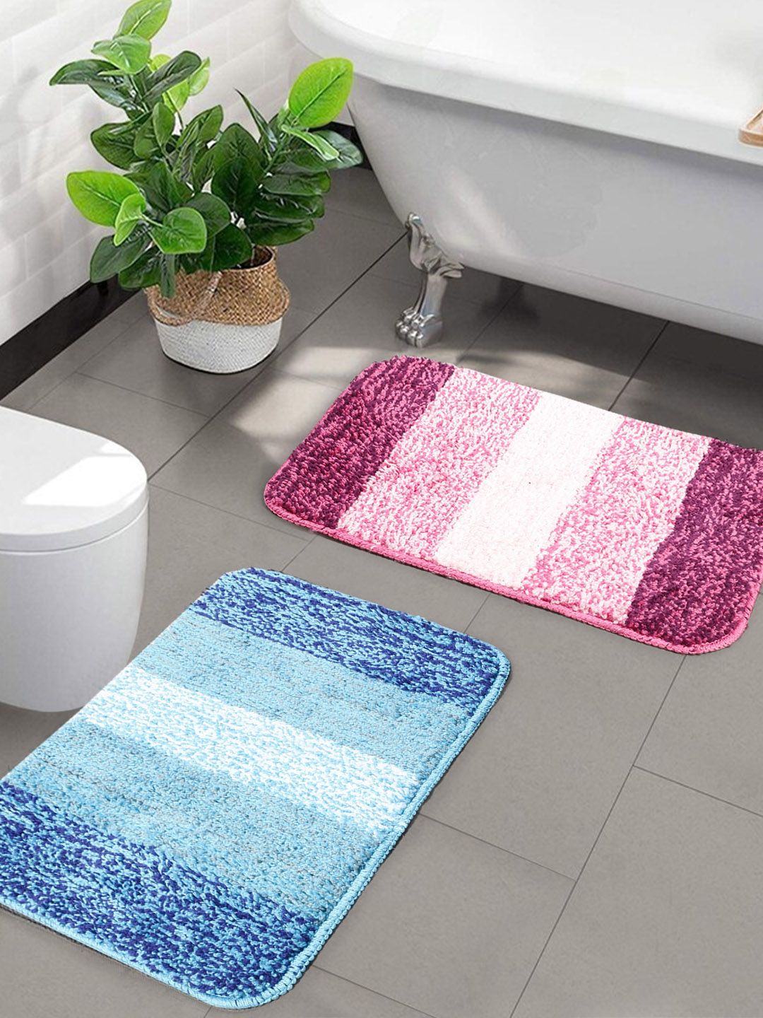Saral Home Set of 2 Turquoise & Pink Striped Soft Microfiber Anti-Skid Bath Rug Price in India