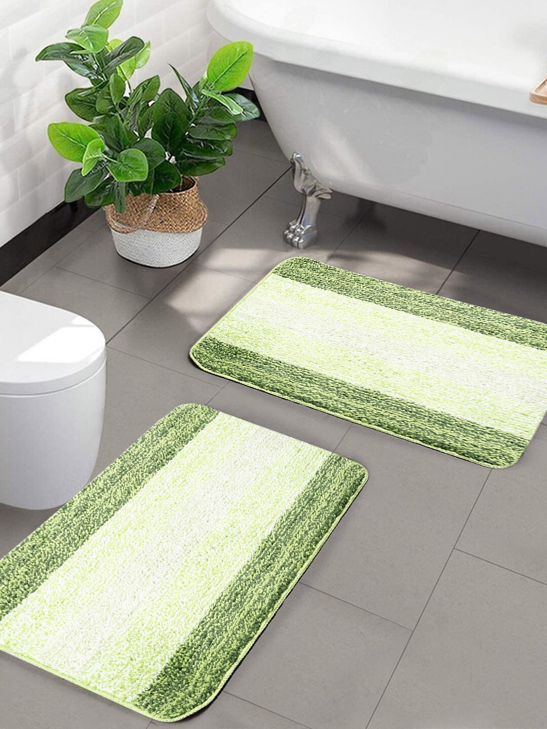 Saral Home Set Of 2 Green & Lime Green Striped Anti-Skid Bath Mats Price in India