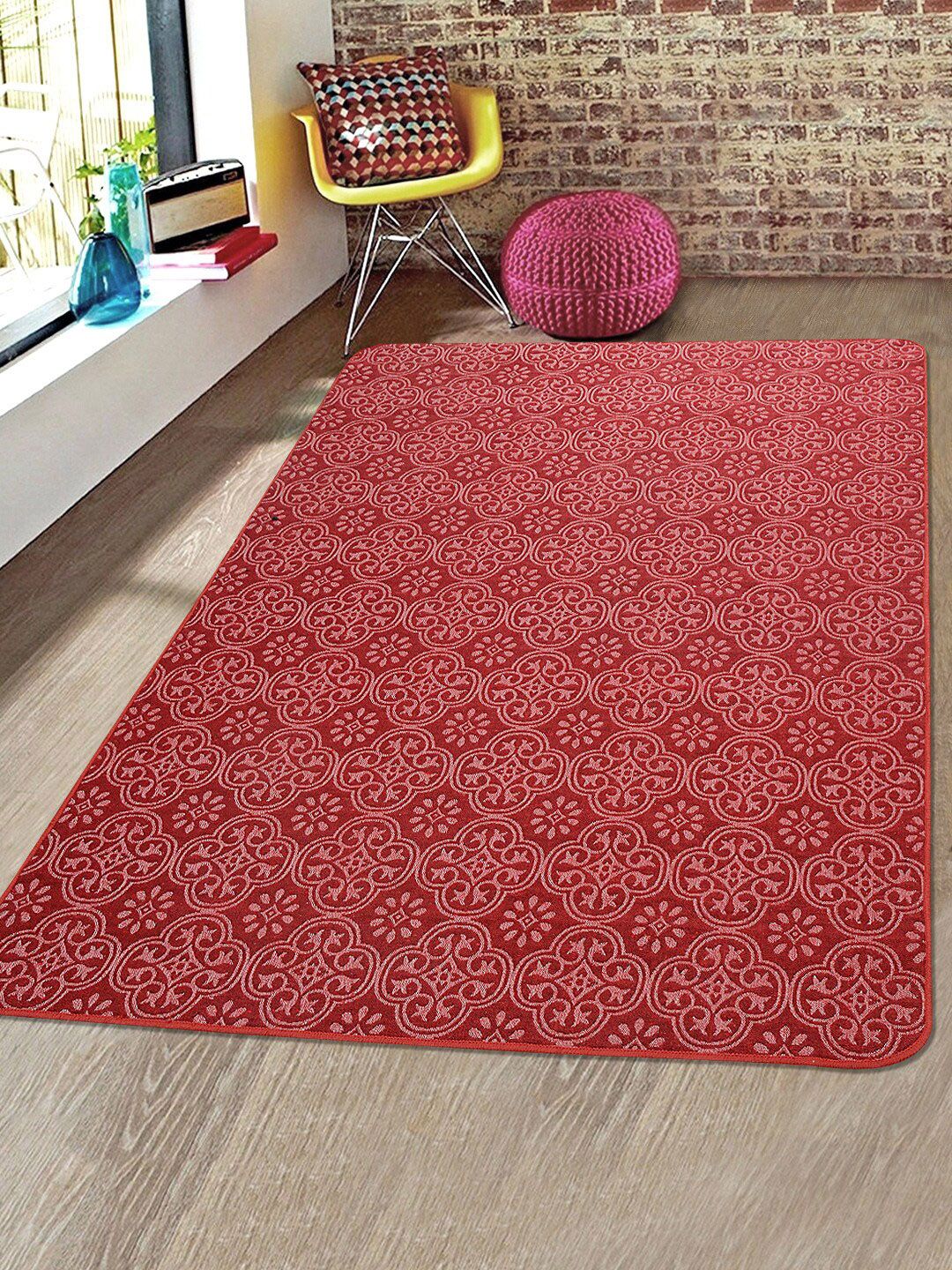 Saral Home Red & White Floral Printed Anti-Skid Carpet Price in India