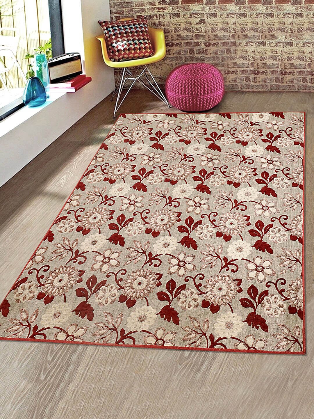 Saral Home Maroon & Beige Floral Anti-Skid Carpet Price in India