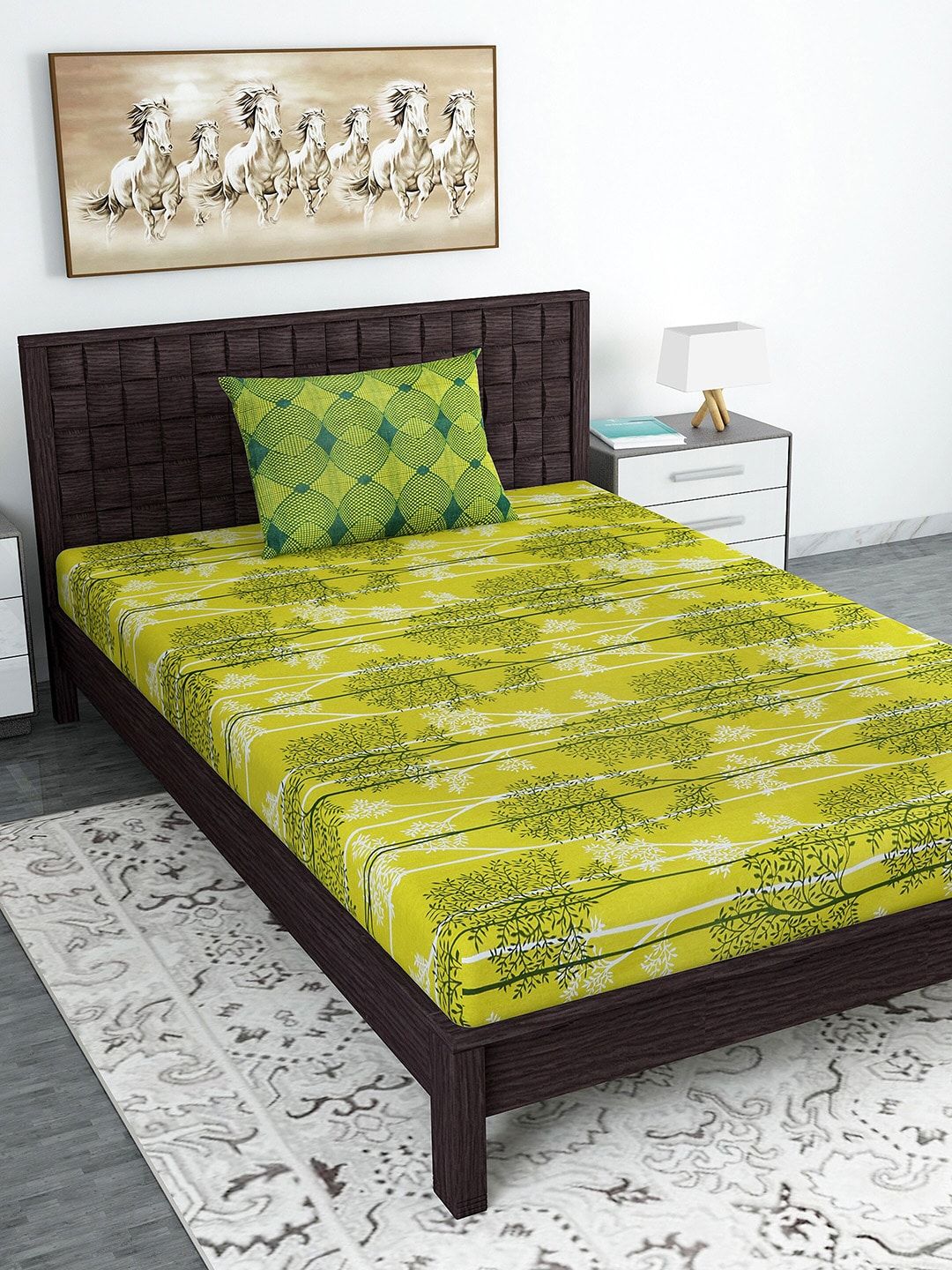 Divine Casa Green Floral 144 TC Cotton 1 Single Bedsheet with 1 Pillow Covers Price in India