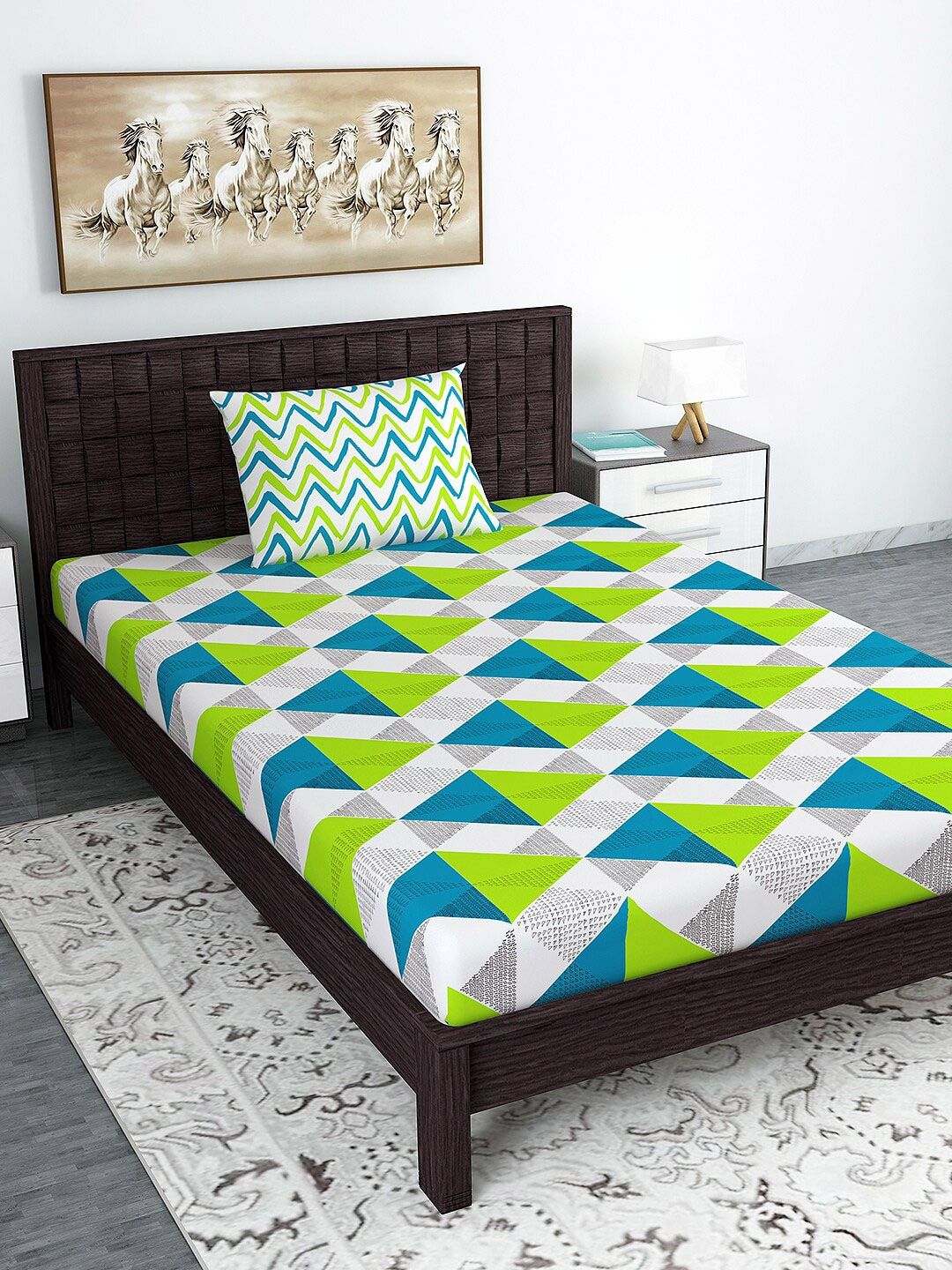 Divine Casa Blue & Green Geometric 144 TC Cotton 1 Single Bedsheet with 1 Pillow Covers Price in India