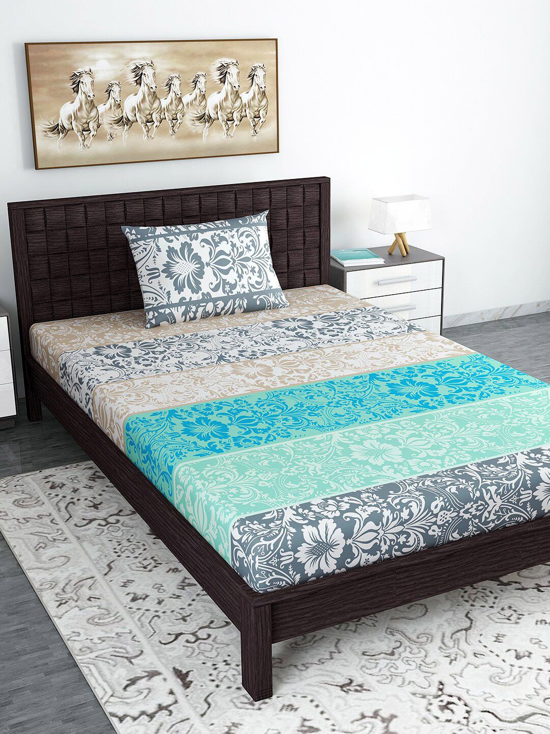 Divine Casa Blue & Beige Ethnic Motifs 144 TC Cotton 1 Single Bedsheet with 1 Pillow Covers Price in India
