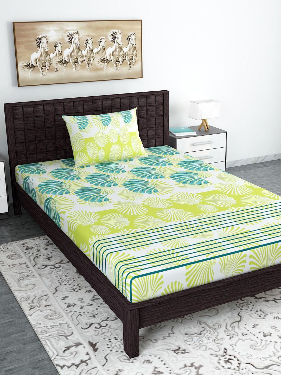 Divine Casa White & Green Abstract 144 TC Cotton 1 Single Bedsheet with 1 Pillow Covers Price in India