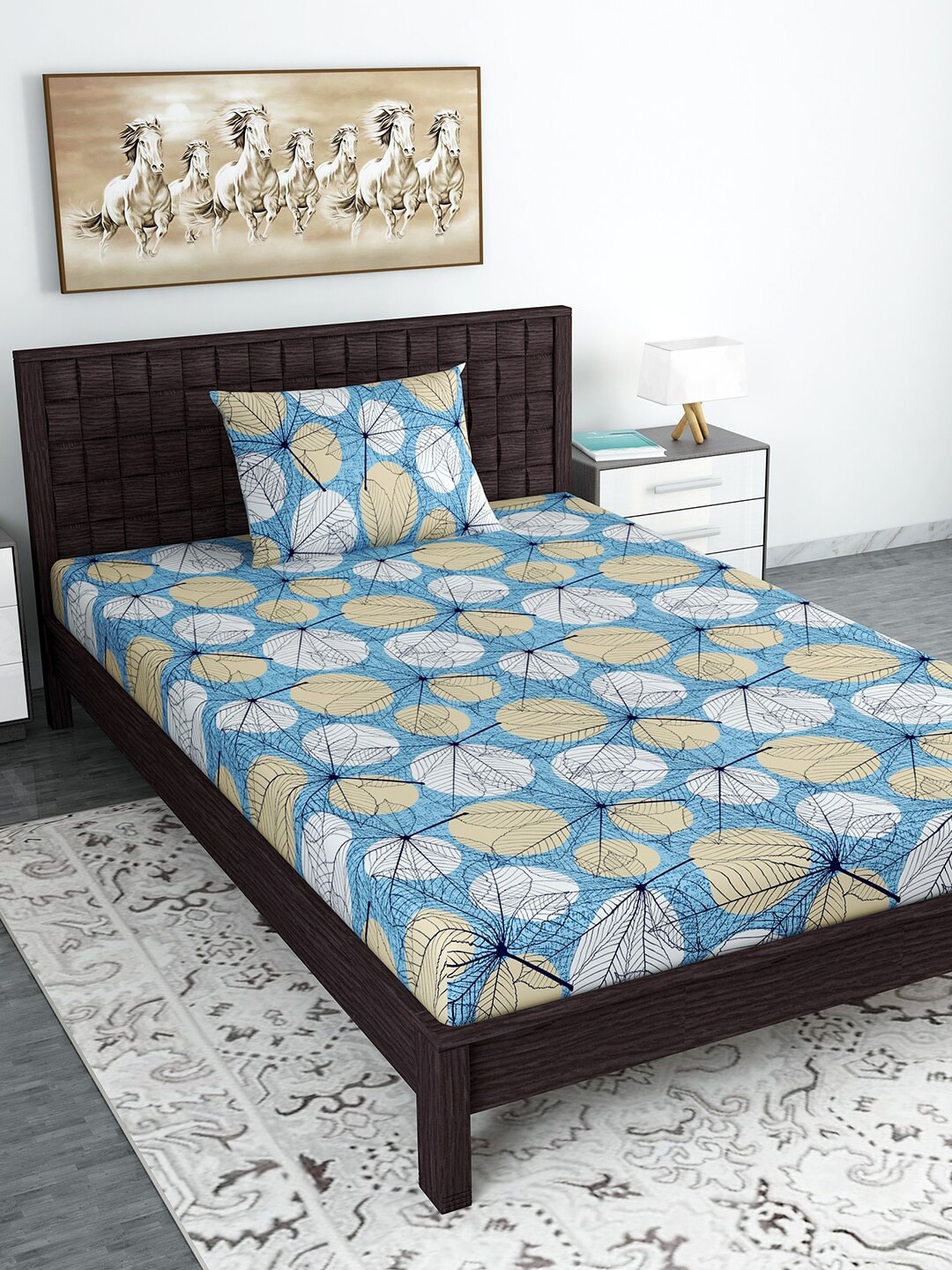 Divine Casa Blue & Beige Floral 144 TC Cotton 1 Single Bedsheet with 1 Pillow Cover Price in India