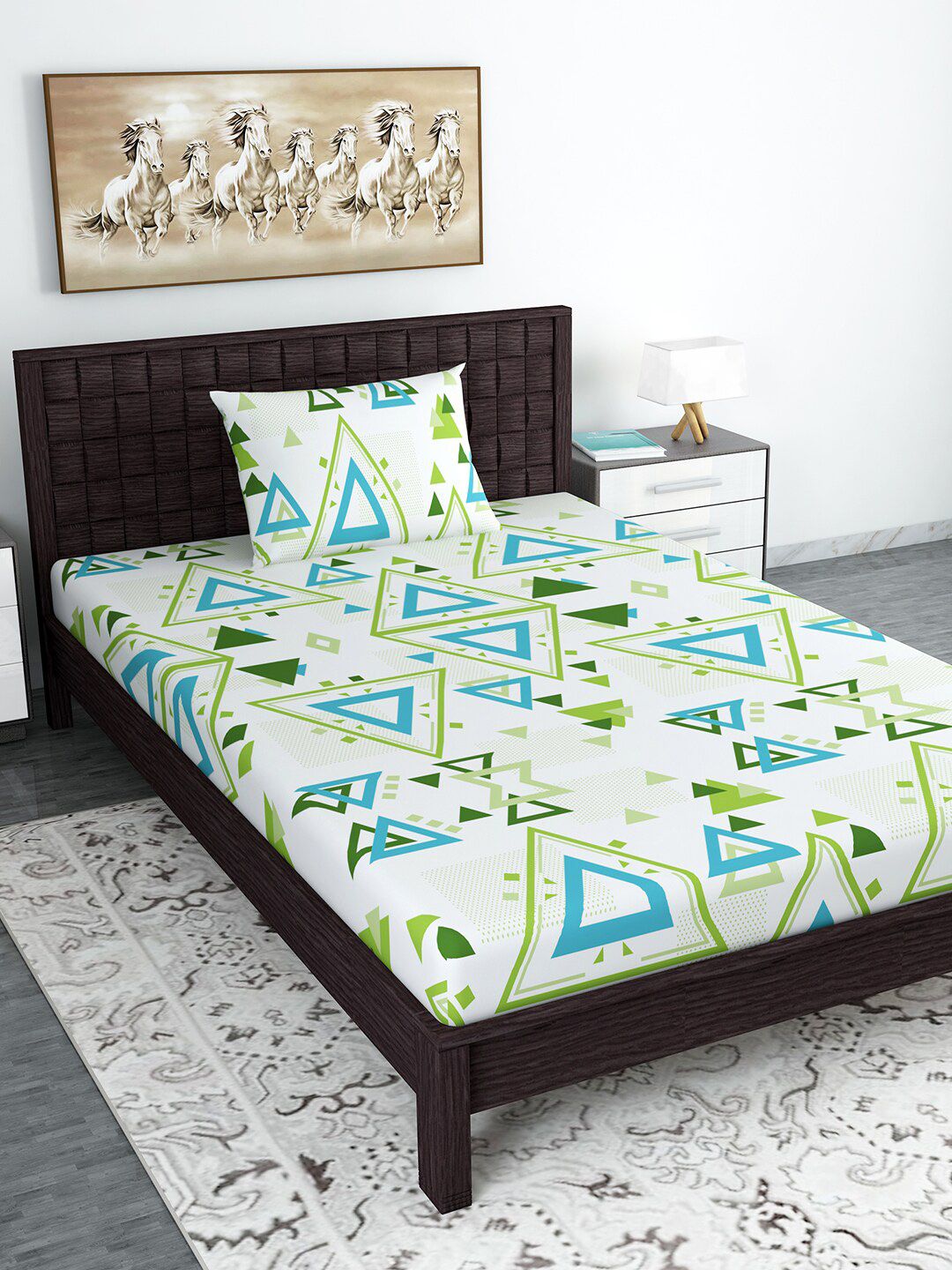 Divine Casa White & Green Geometric 144 TC Cotton 1 Single Bedsheet with 1 Pillow Covers Price in India