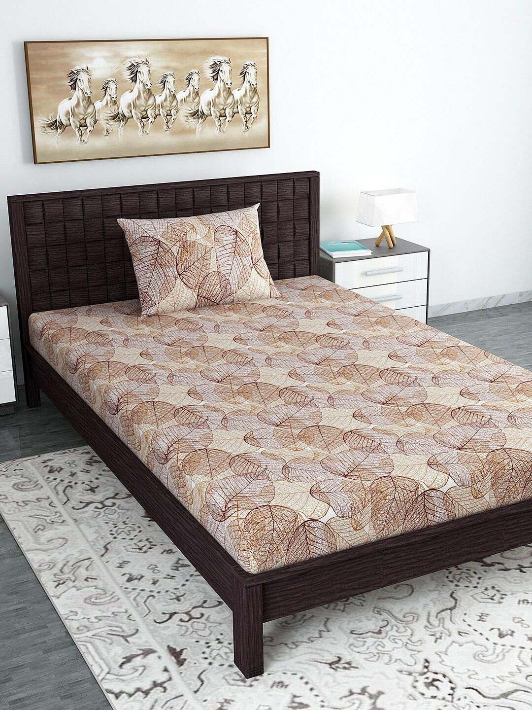 Divine Casa Brown & Yellow Abstract 144 TC Cotton 1 Single Bedsheet with 1 Pillow Covers Price in India