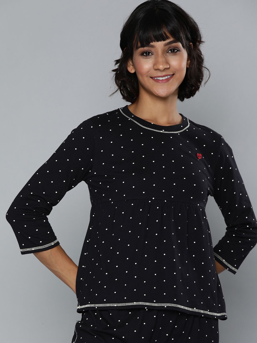 Chemistry Women Black & White Polka Dot Printed Lounge T-Shirt With Pleated Detailing Price in India